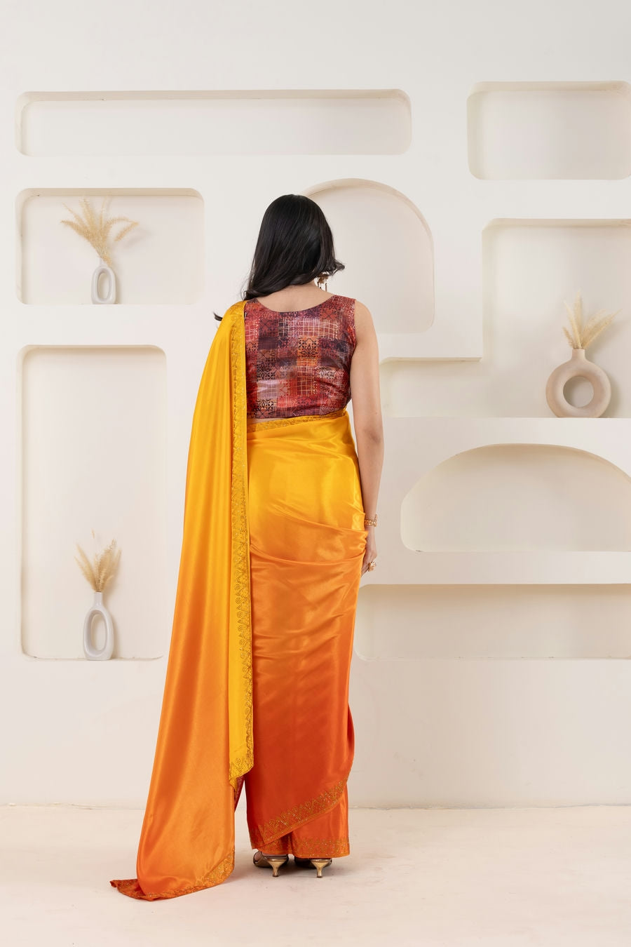 Ombre Yellow and Orange Embellished Swarovski Ready to Wear Saree