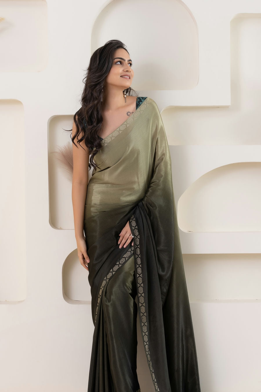 Ombre Green Embellished Swarovski Ready to Wear Saree