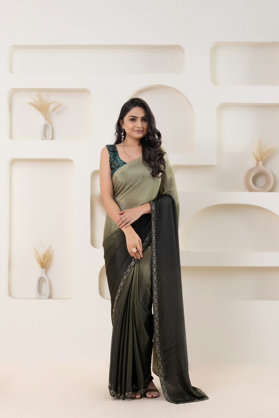 Ombre Green Embellished Swarovski Ready to Wear Saree