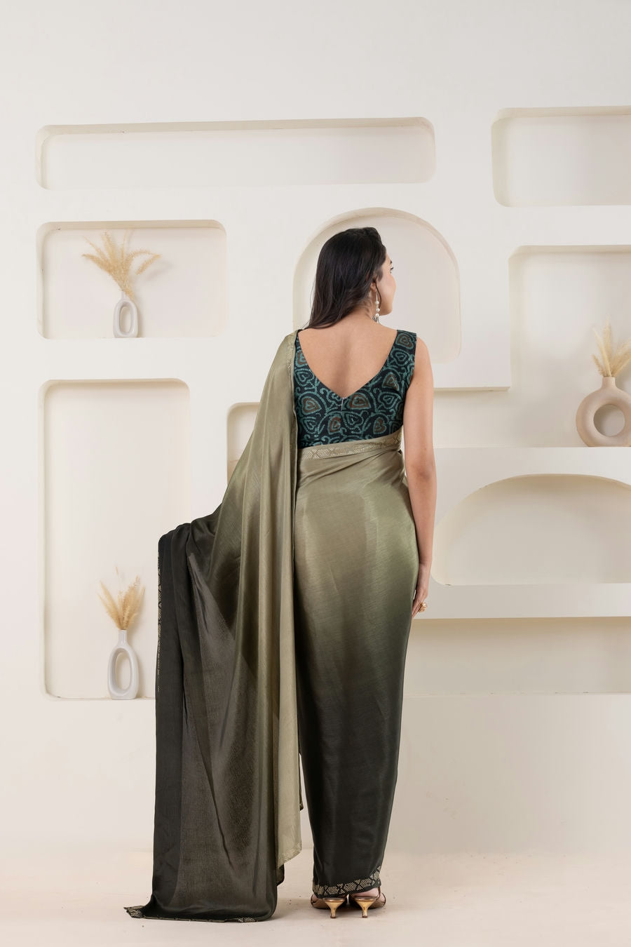 Ombre Green Embellished Swarovski Ready to Wear Saree