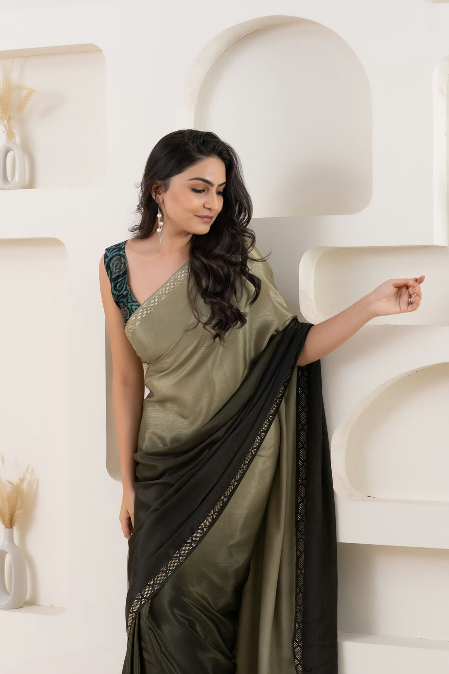 Ombre Green Embellished Swarovski Ready to Wear Saree