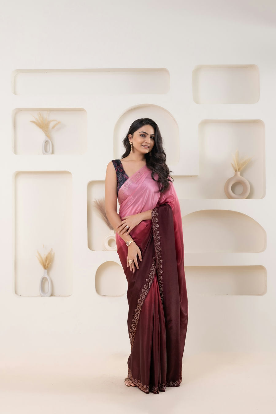 Multi Shading Swarovski Work Soft Silk Prestitched Ready To Wear Saree