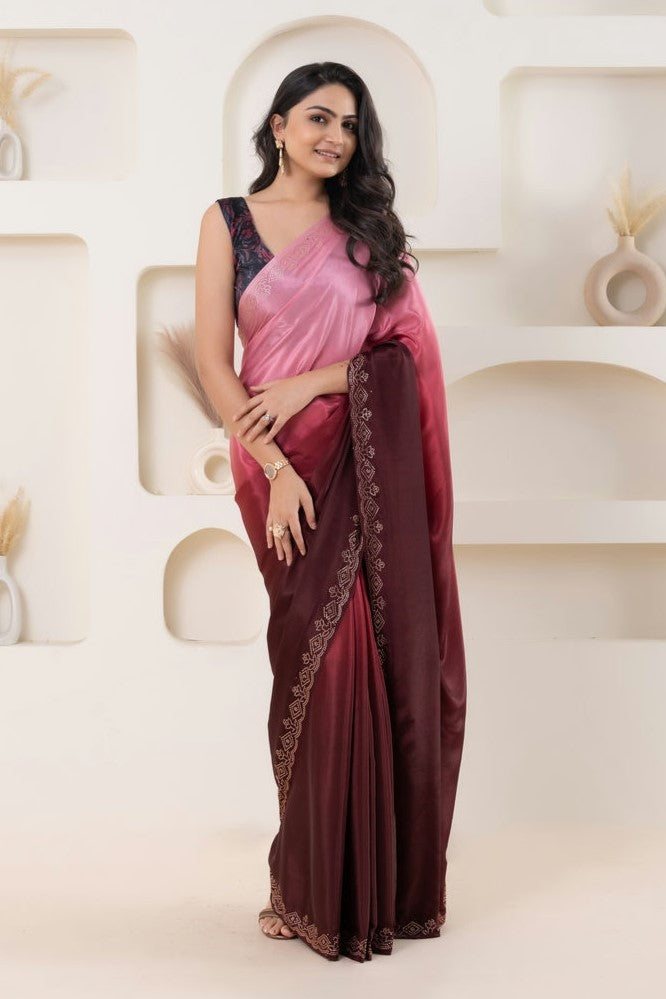 Multi Shading Swarovski Work Soft Silk Prestitched Ready To Wear Saree