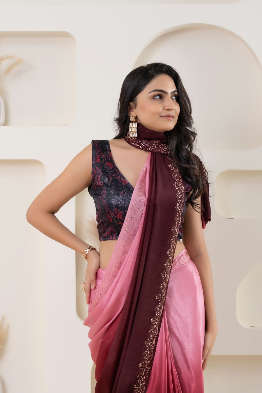 Multi Shading Swarovski Work Soft Silk Prestitched Ready To Wear Saree