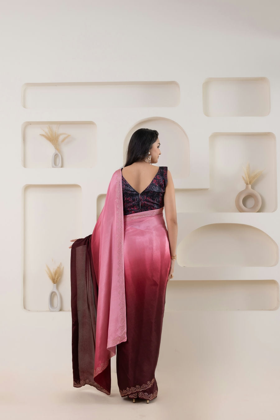 Multi Shading Swarovski Work Soft Silk Prestitched Ready To Wear Saree