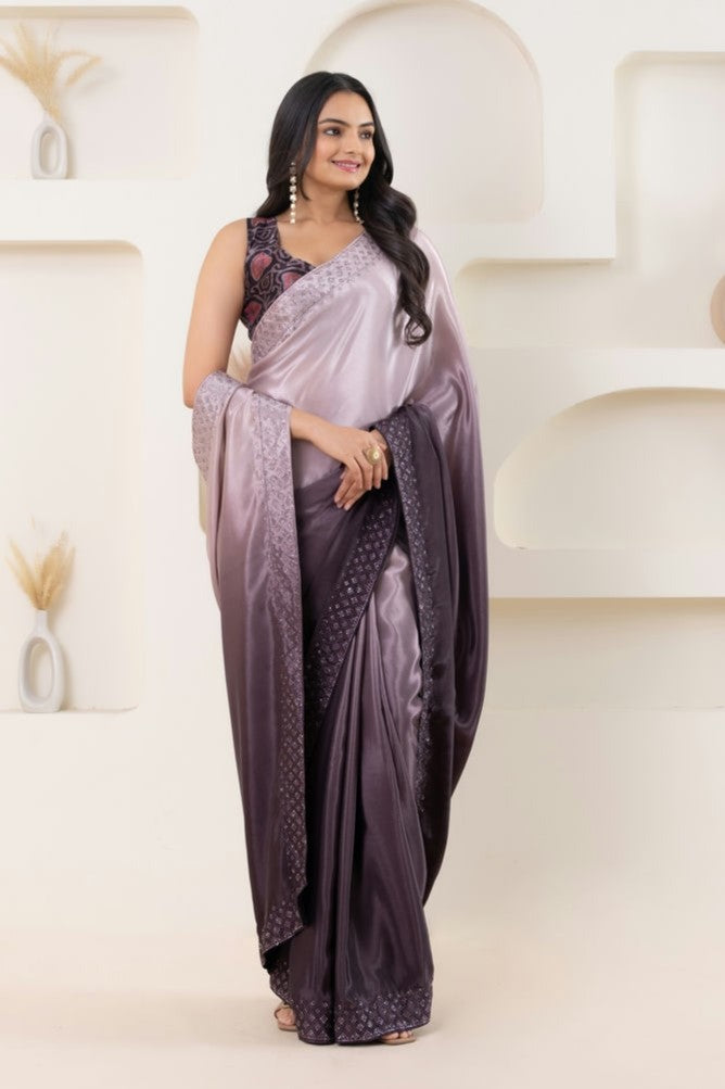 Multi Shading Swarovski Work Soft Silk Prestitched Ready To Wear Saree