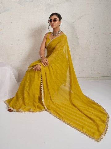 Yellow Striped Poly Georgette Party Wear Designer Saree