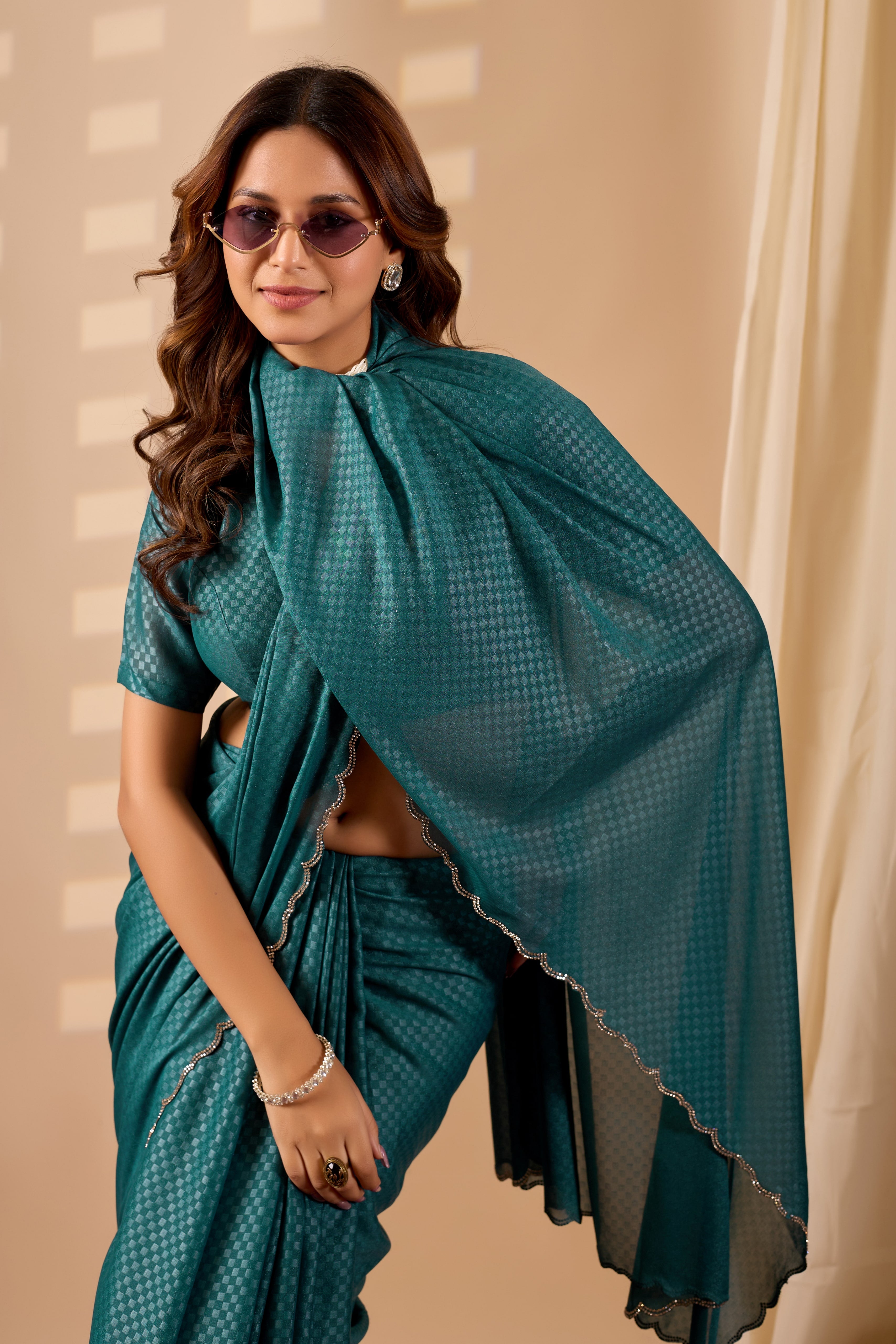 Ready-to-Wear Poly Georgette saree with a metallic checkered pattern and elegant scalloped borders.