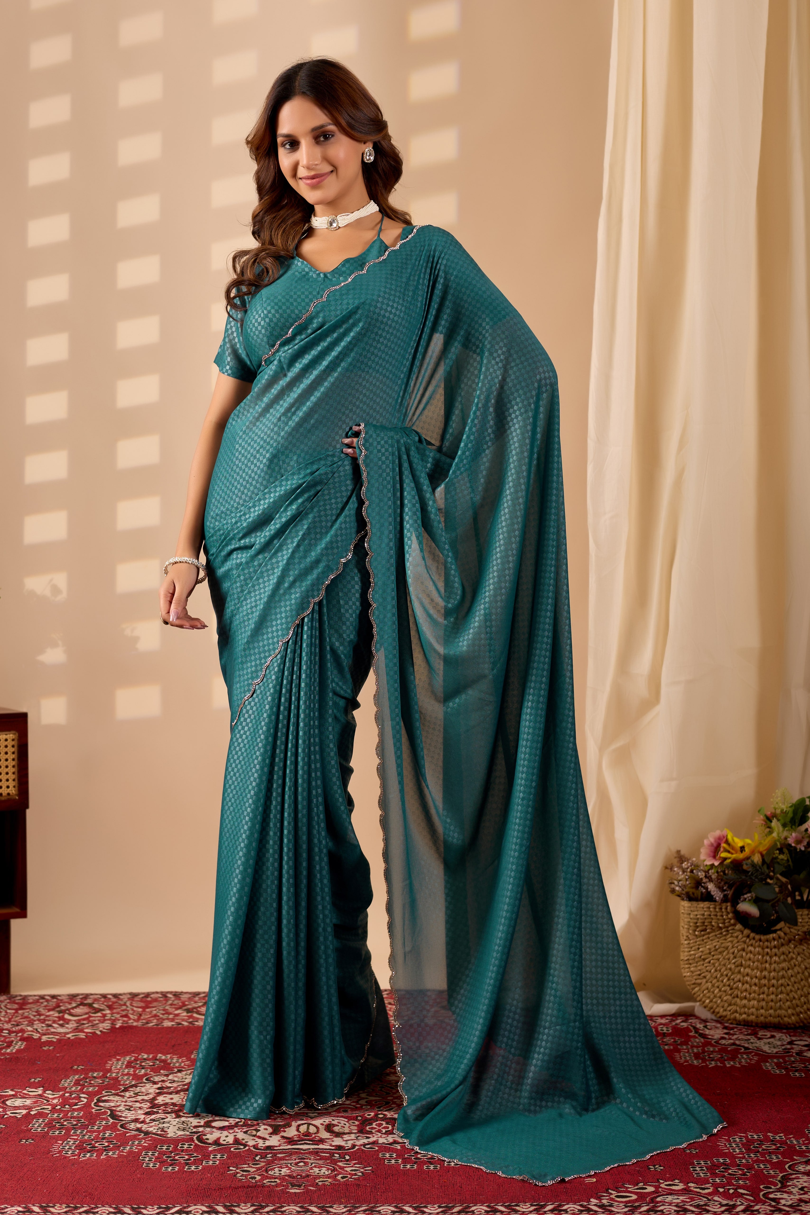 Ready-to-Wear Poly Georgette saree with a metallic checkered pattern and elegant scalloped borders.