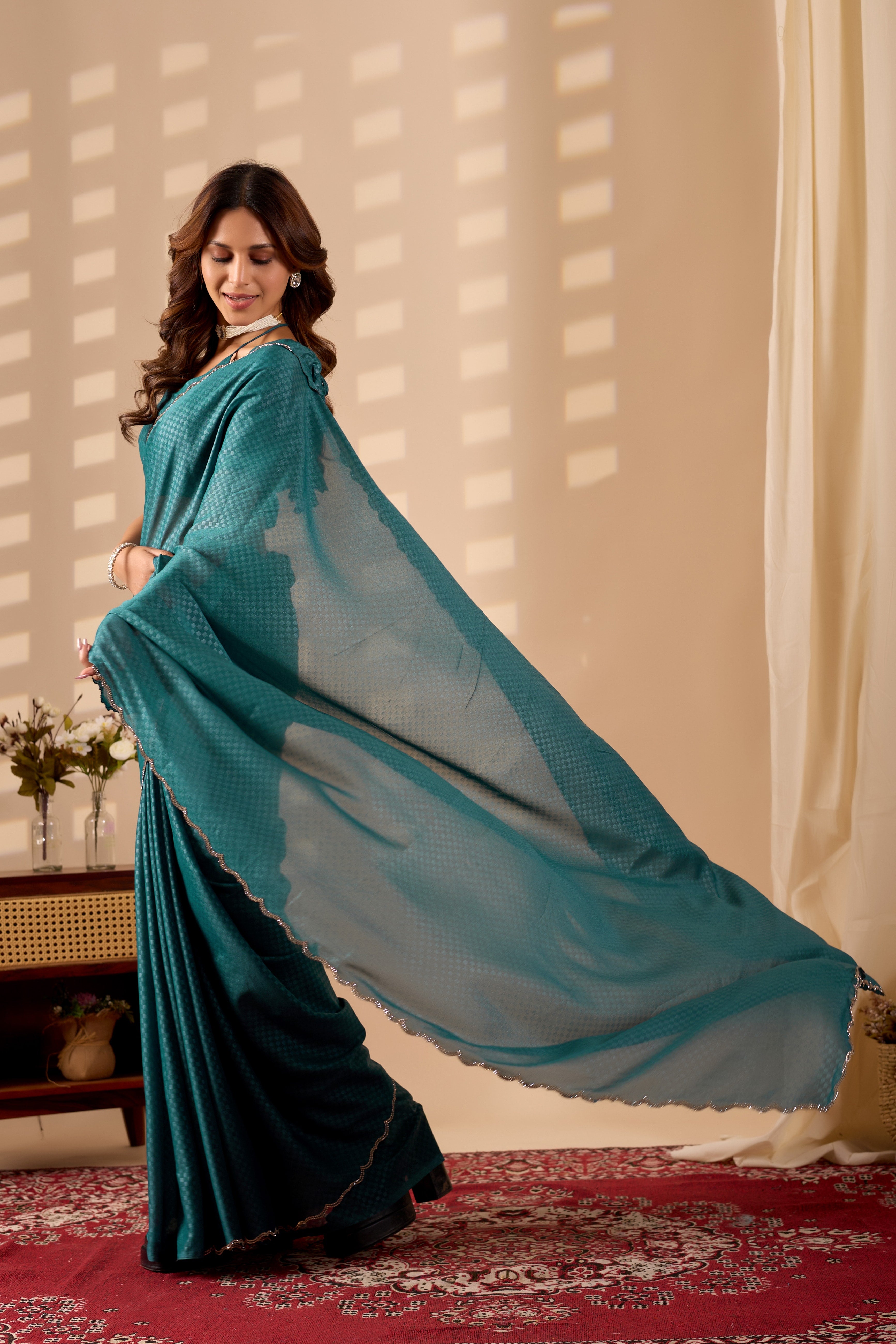 Ready-to-Wear Poly Georgette saree with a metallic checkered pattern and elegant scalloped borders.