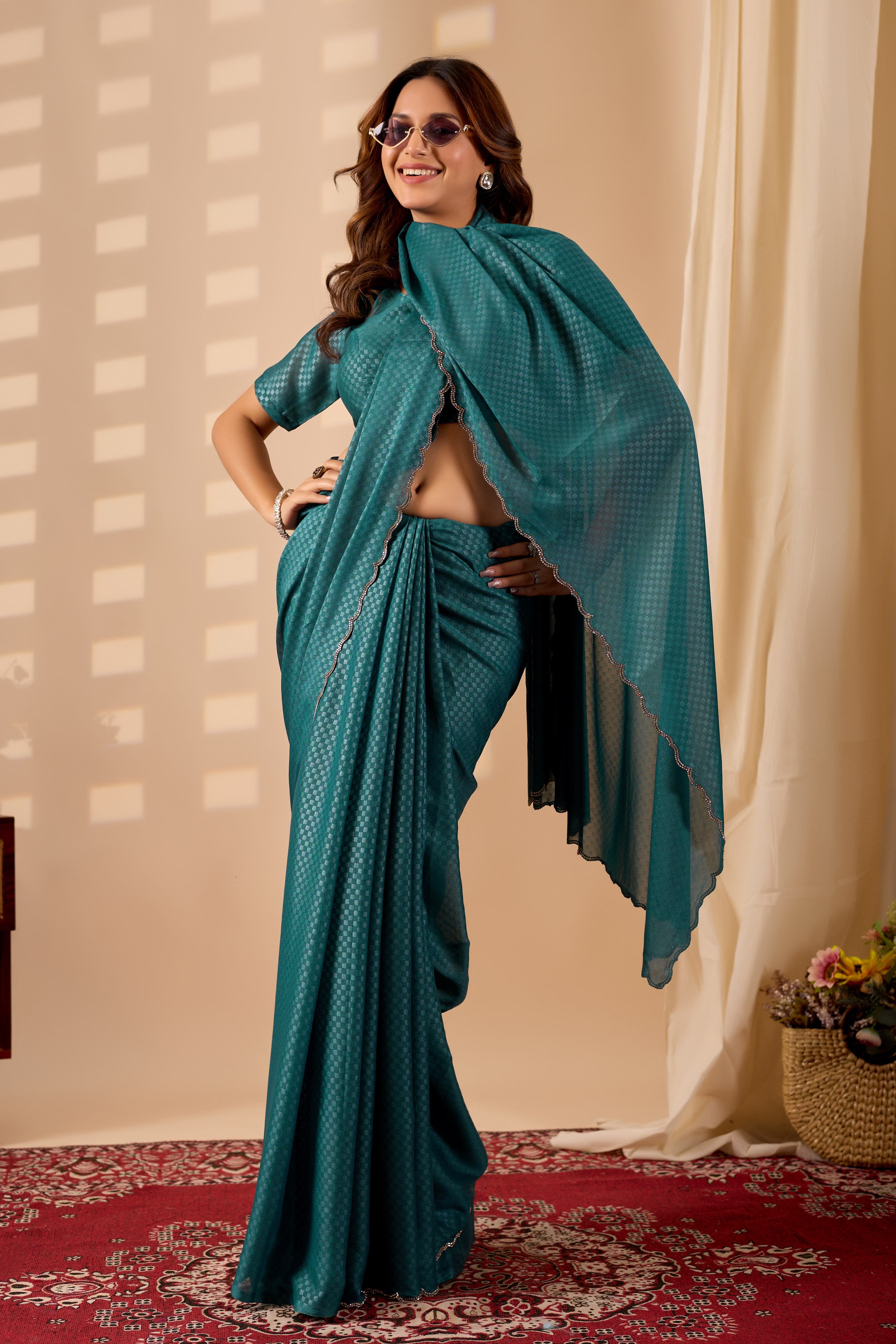 Ready-to-Wear Poly Georgette saree with a metallic checkered pattern and elegant scalloped borders.