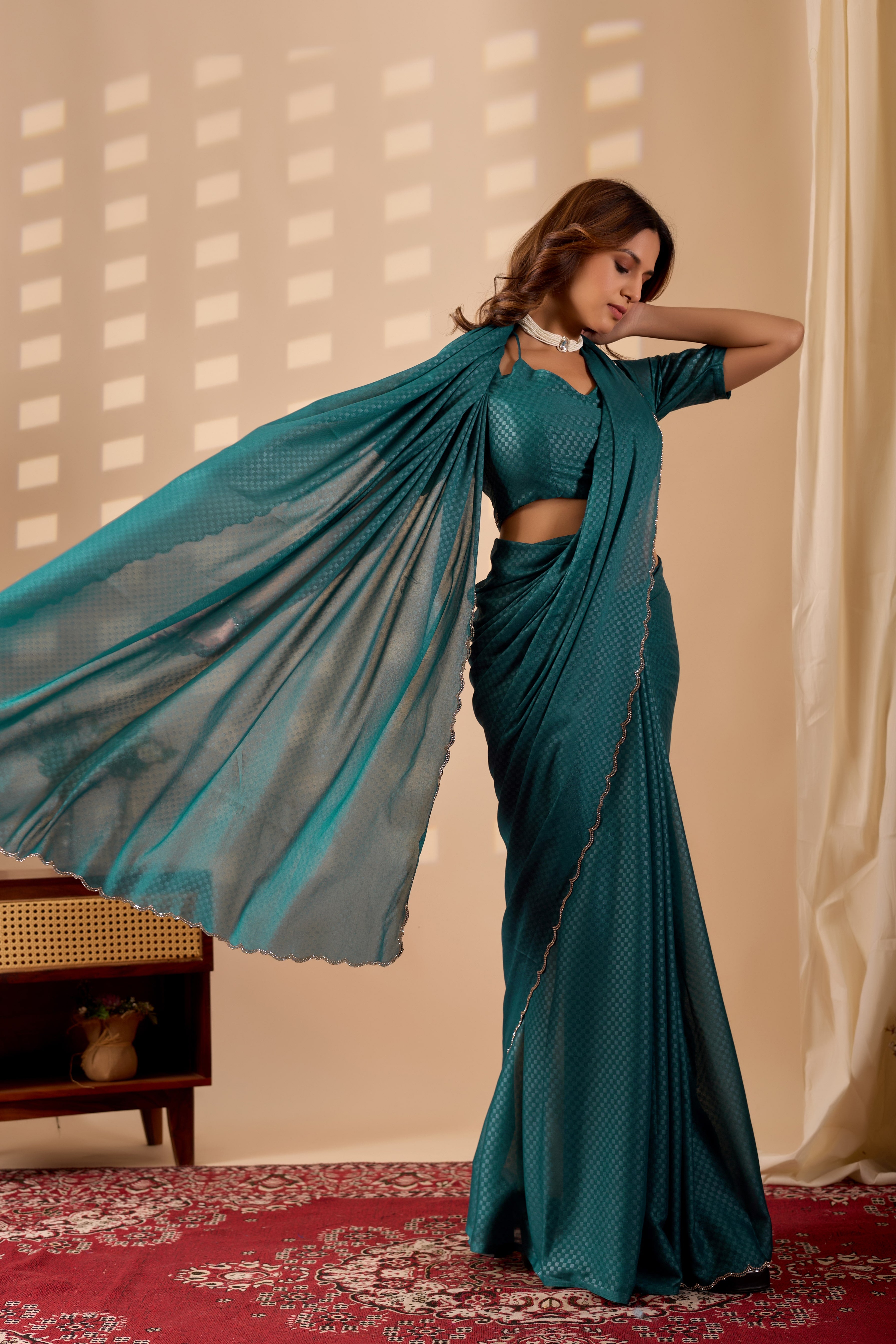 Ready-to-Wear Poly Georgette saree with a metallic checkered pattern and elegant scalloped borders.