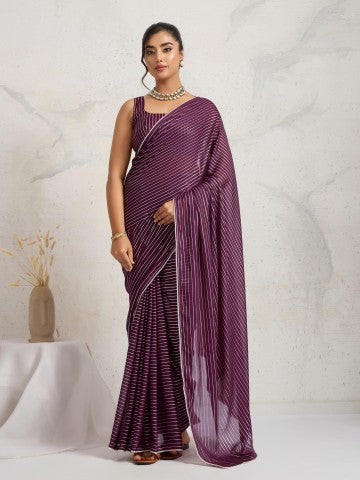Purple Striped Printed Poly Georgette Party Wear Designer Saree