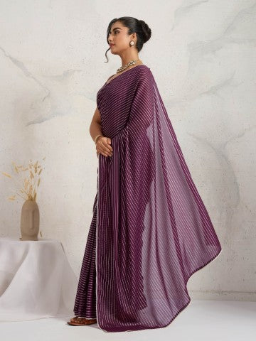 Purple Striped Printed Poly Georgette Party Wear Designer Saree