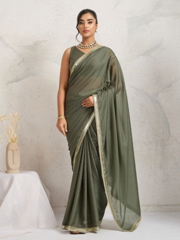 Olive Green Poly Georgette Party Wear Designer Saree