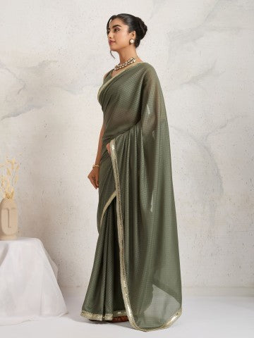 Olive Green Poly Georgette Party Wear Designer Saree