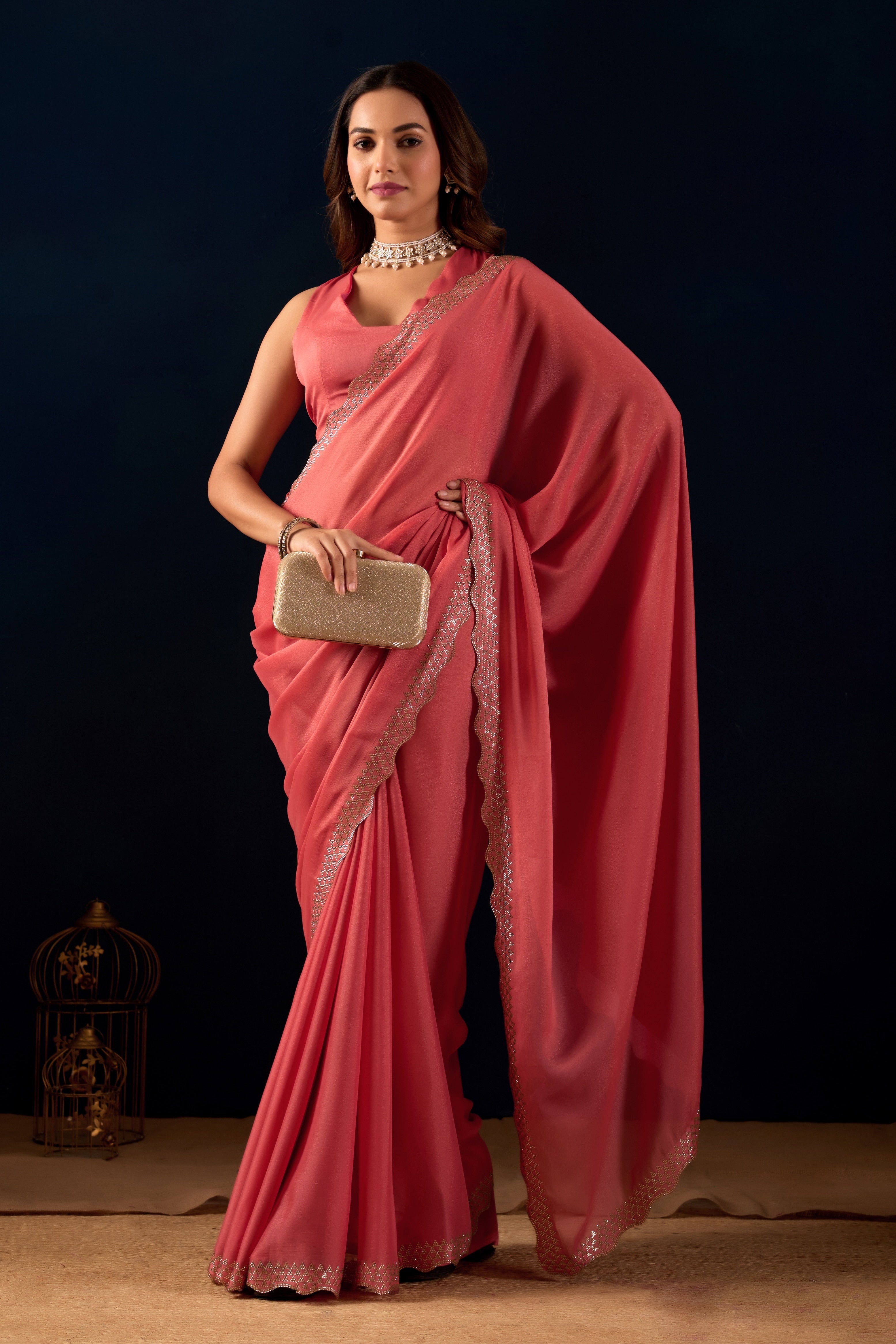 Shimmering Polly Georgette Saree with Designer Scalloped Borders .