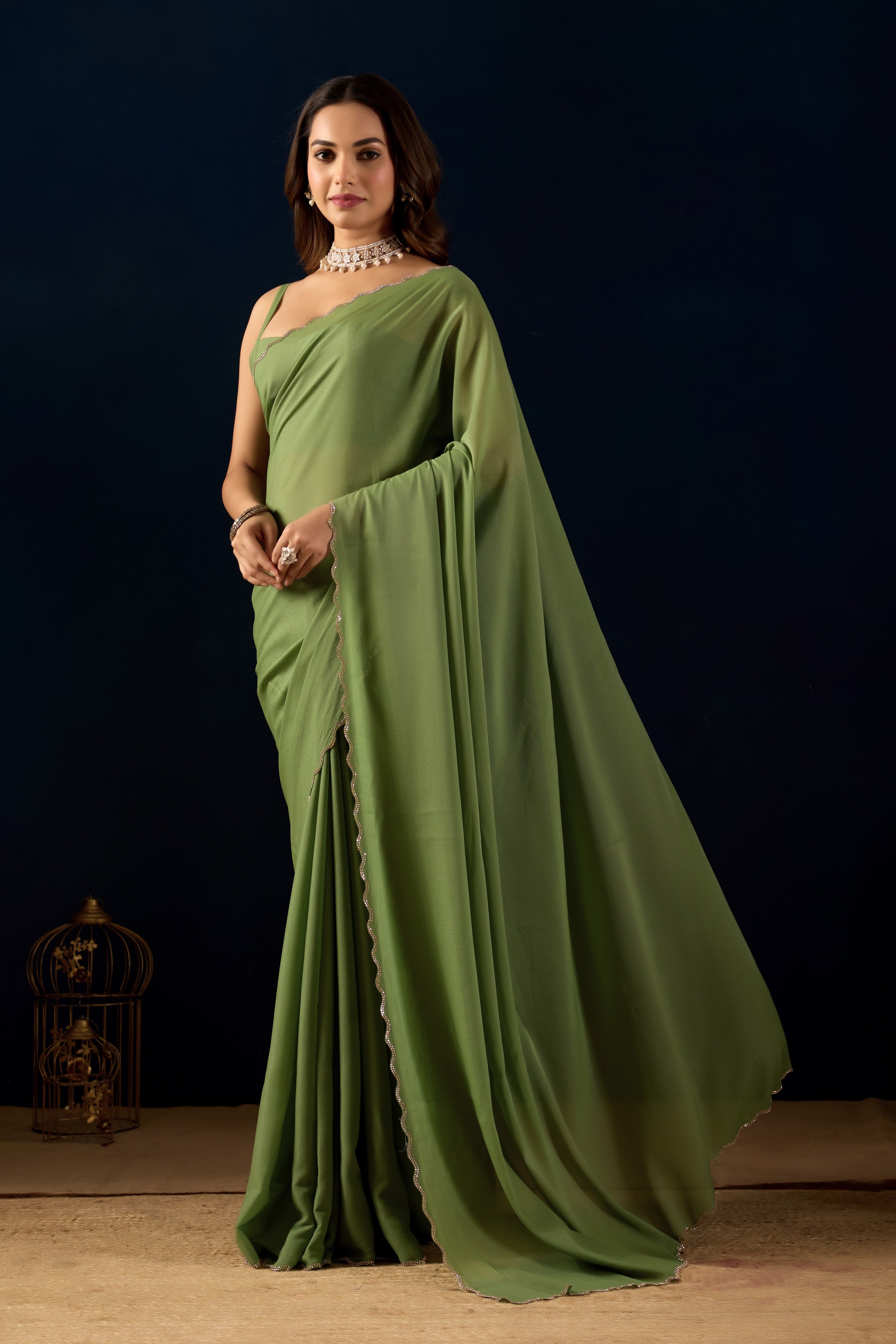 Olive Green Poly Georgette Ready To Wear Saree