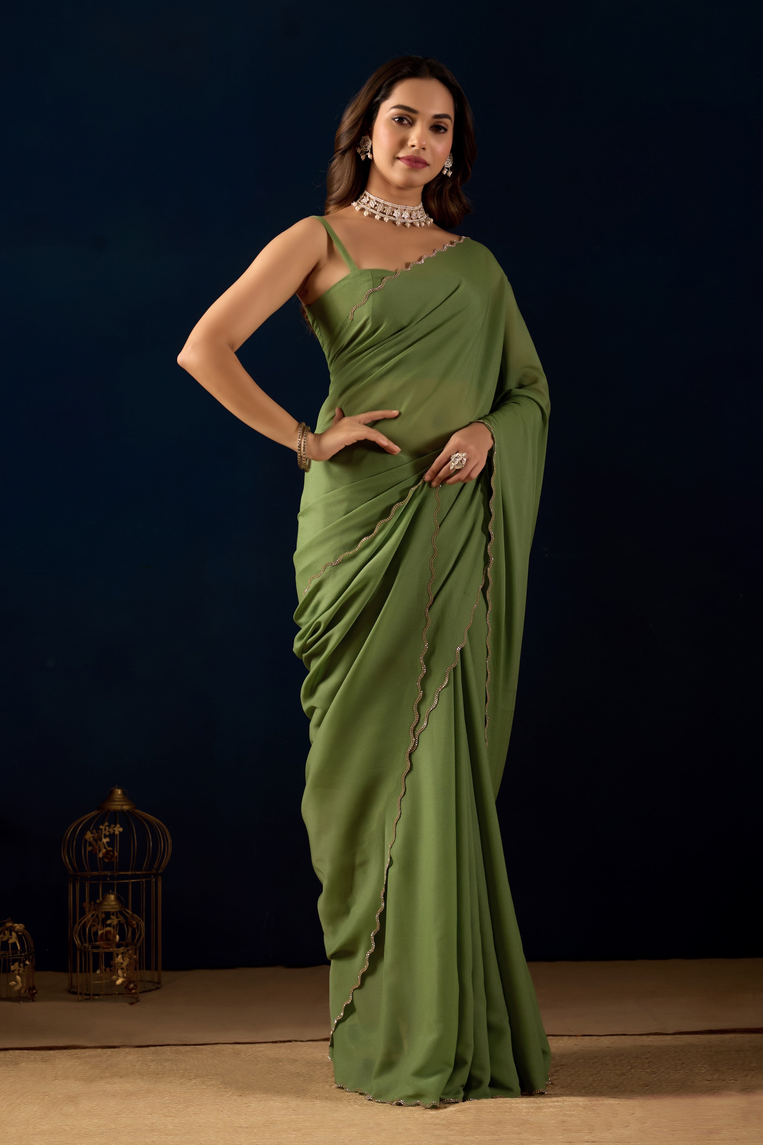 Olive Green Poly Georgette Ready To Wear Saree