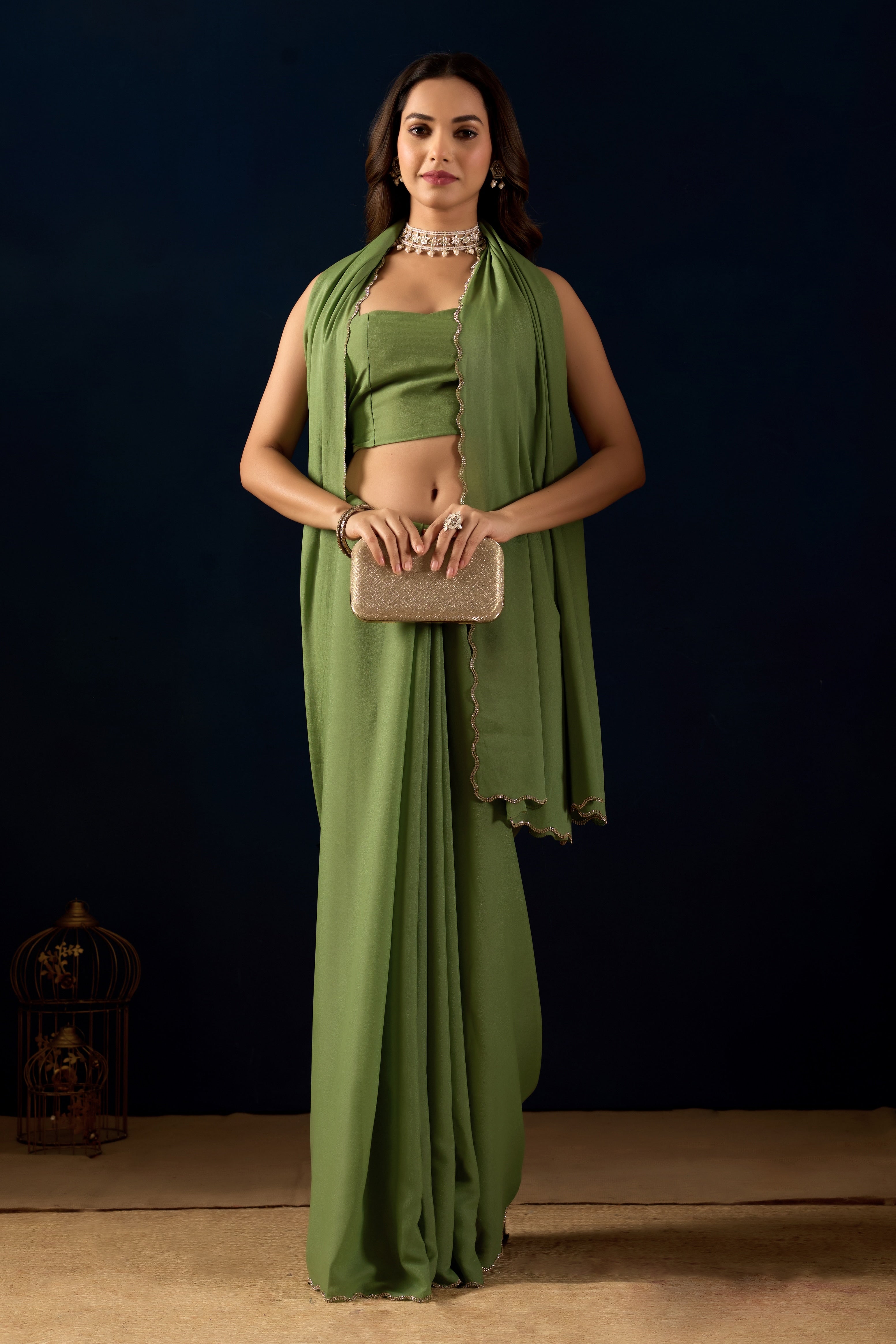Olive Green Poly Georgette Ready To Wear Saree