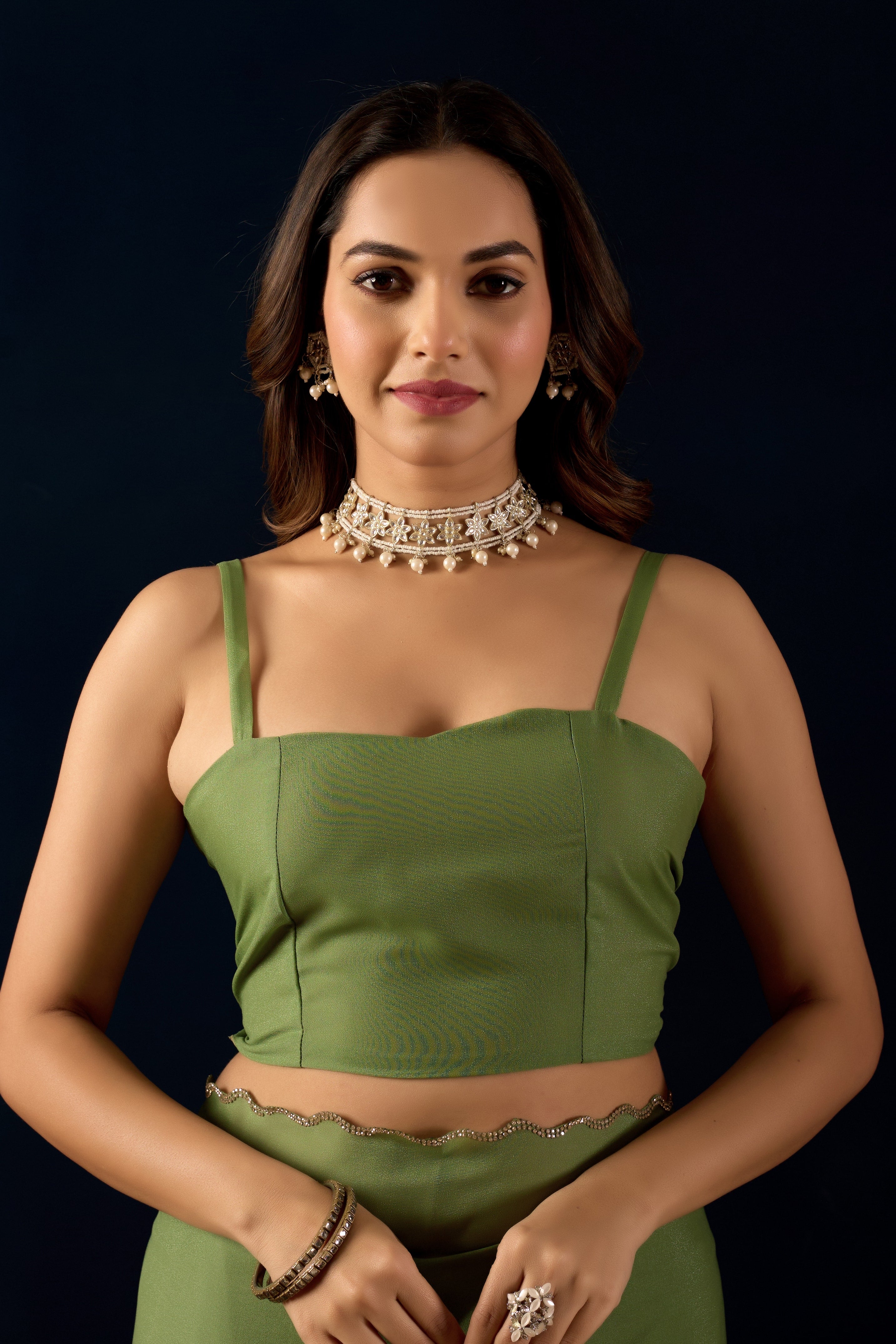 Olive Green Poly Georgette Ready To Wear Saree