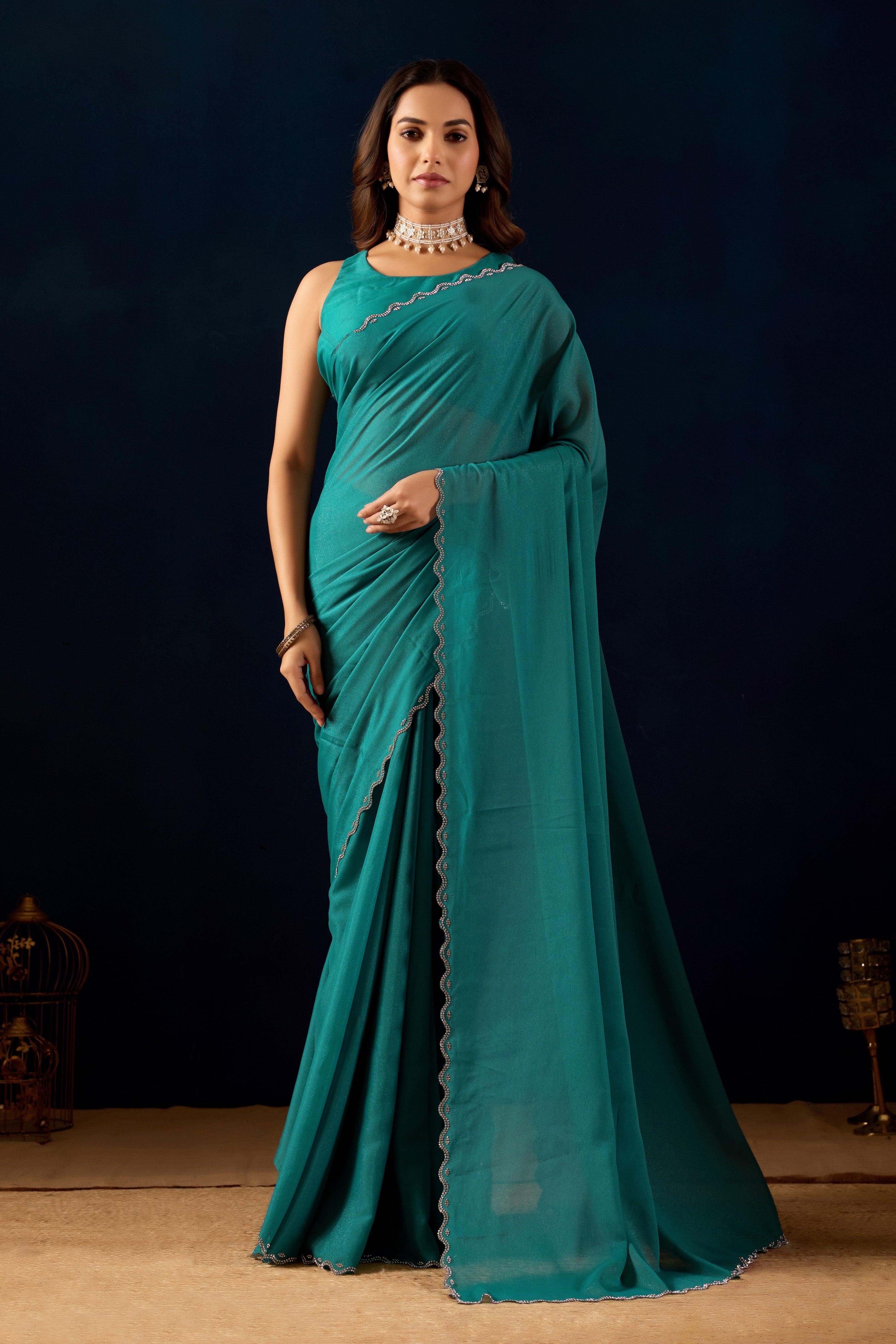 Pre-Stitched Polly Georgette Saree with Scalloped Borders .