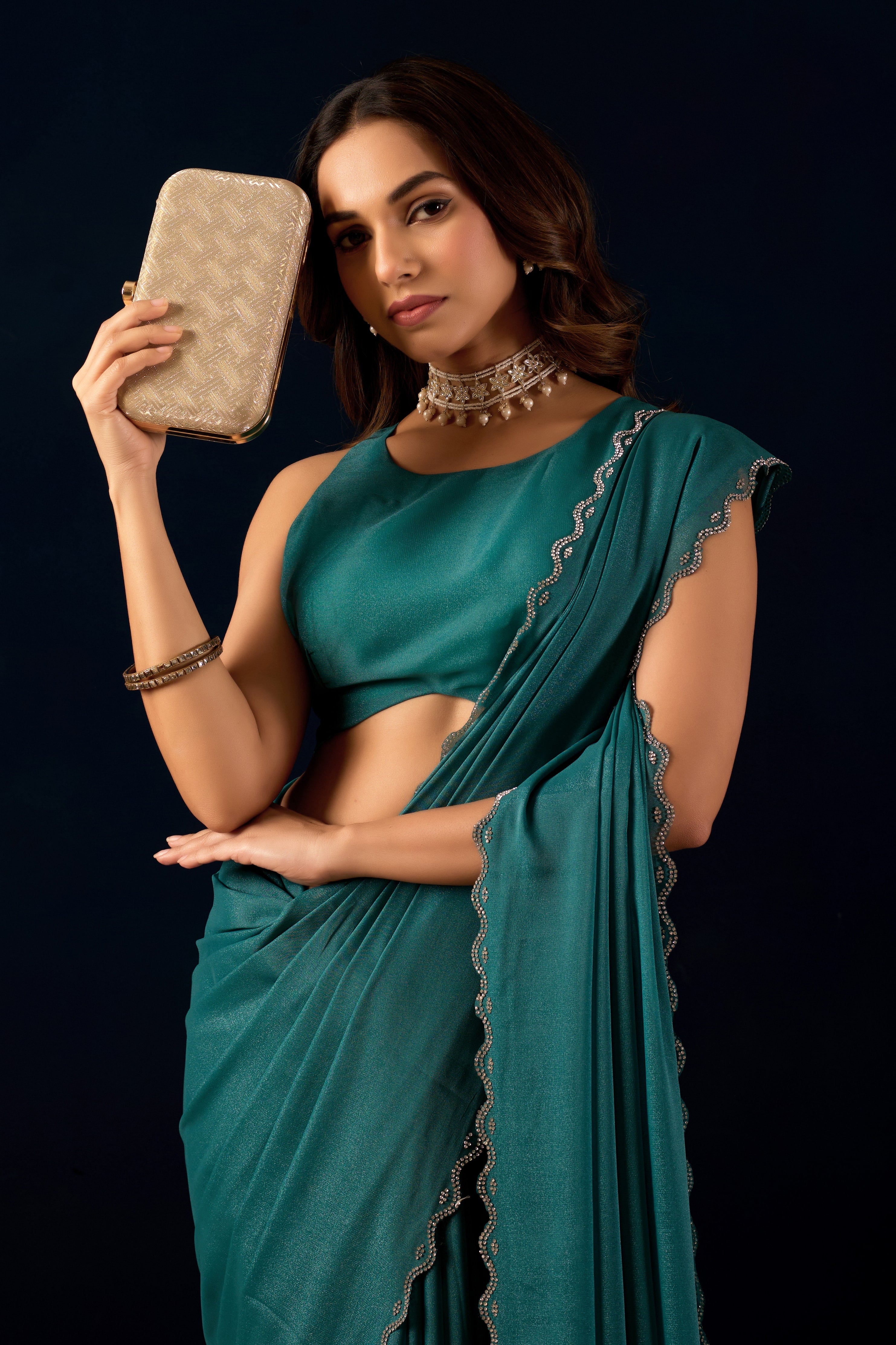 Pre-Stitched Polly Georgette Saree with Scalloped Borders .