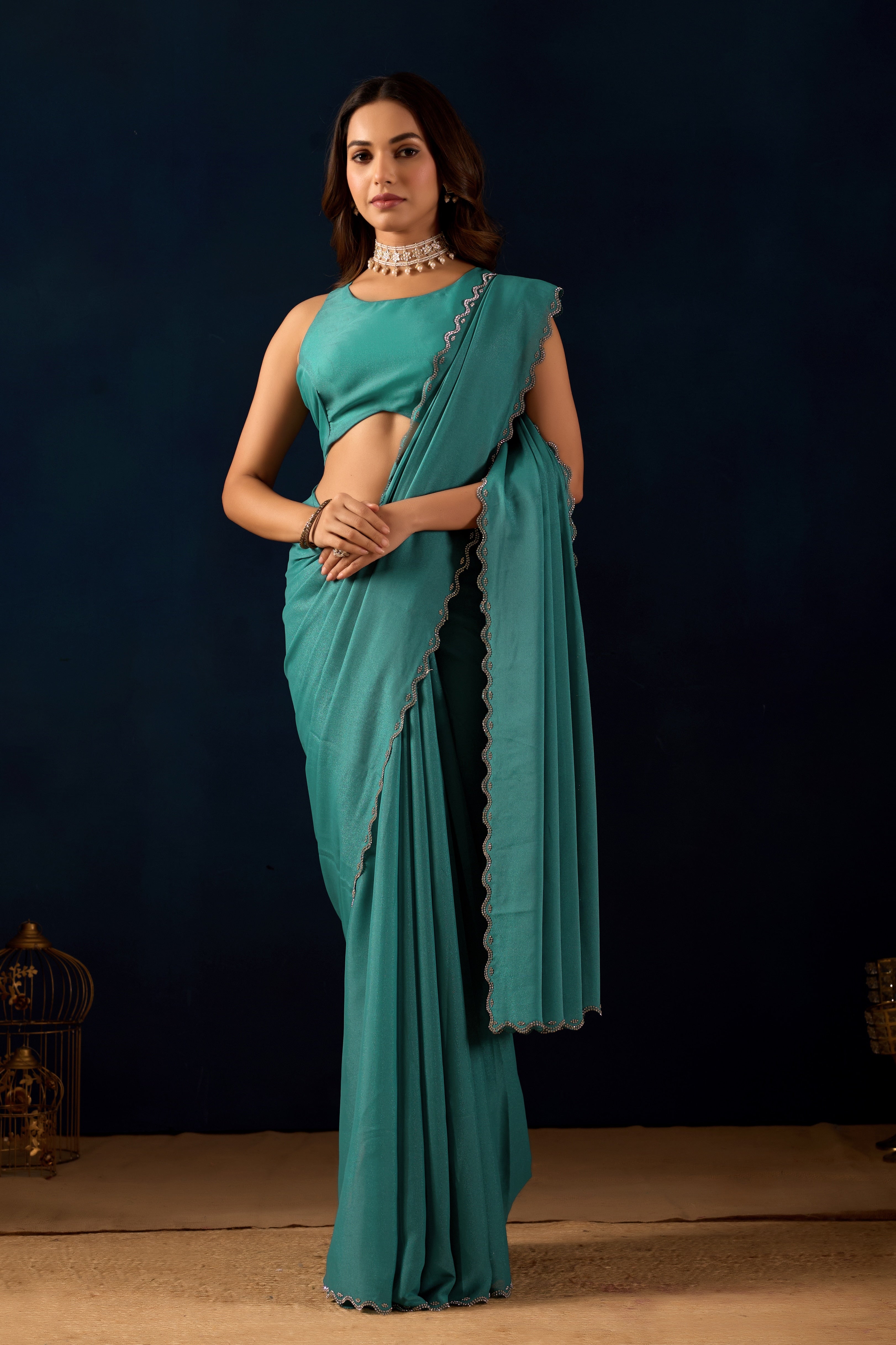 Pre-Stitched Polly Georgette Saree with Scalloped Borders .