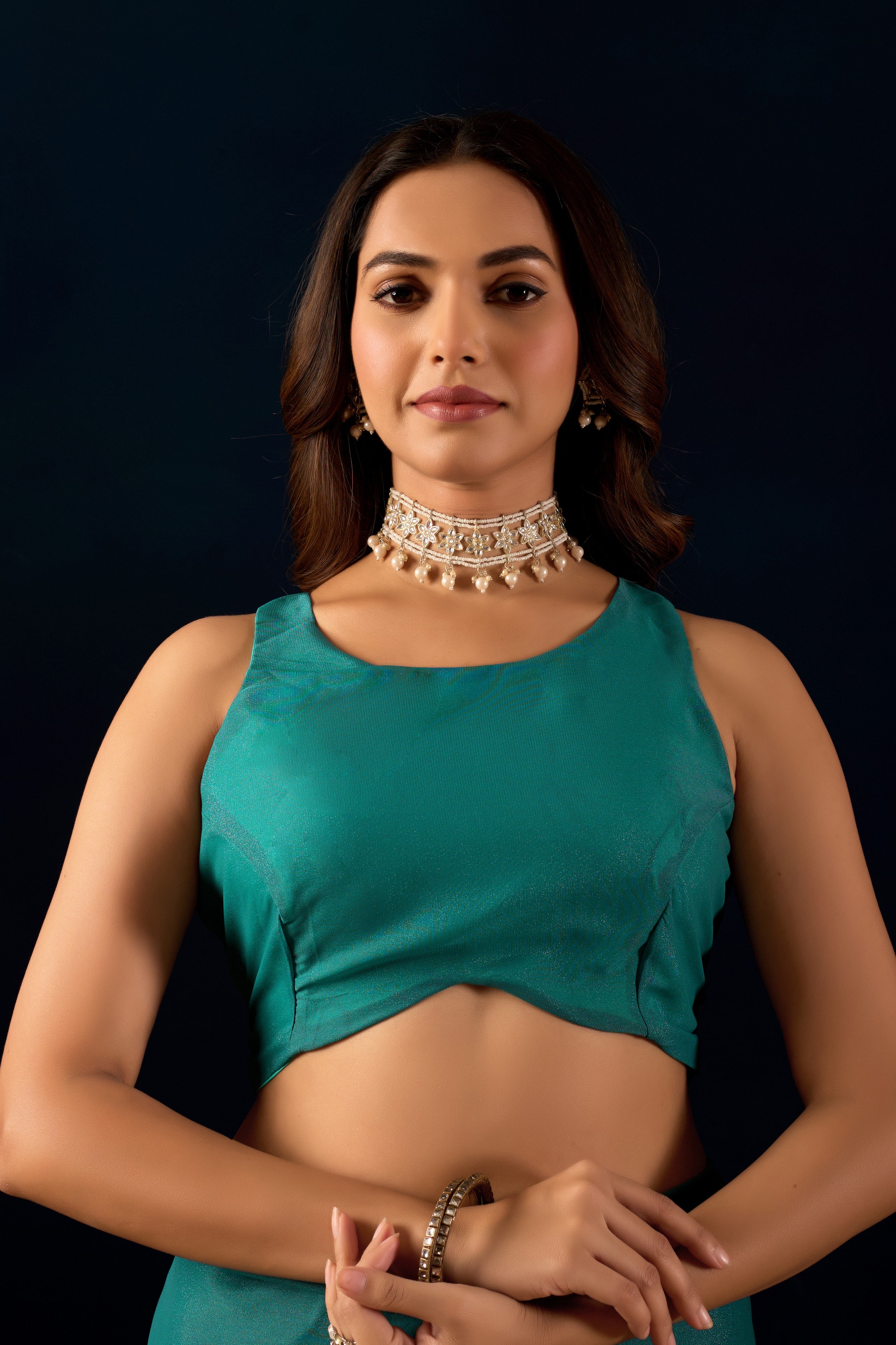 Pre-Stitched Polly Georgette Saree with Scalloped Borders .