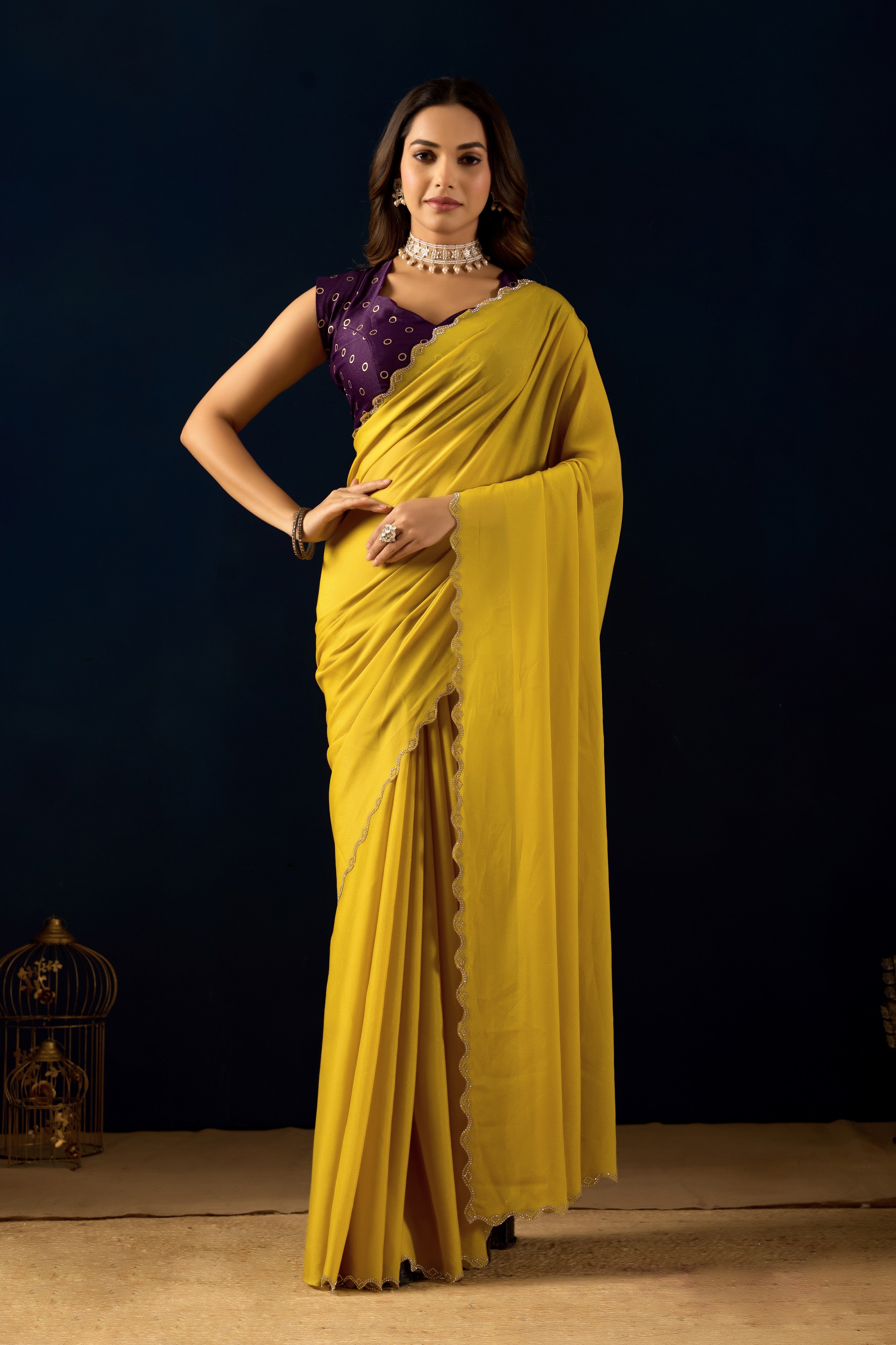 Mustard Georgette Saree with Scalloped Borders .