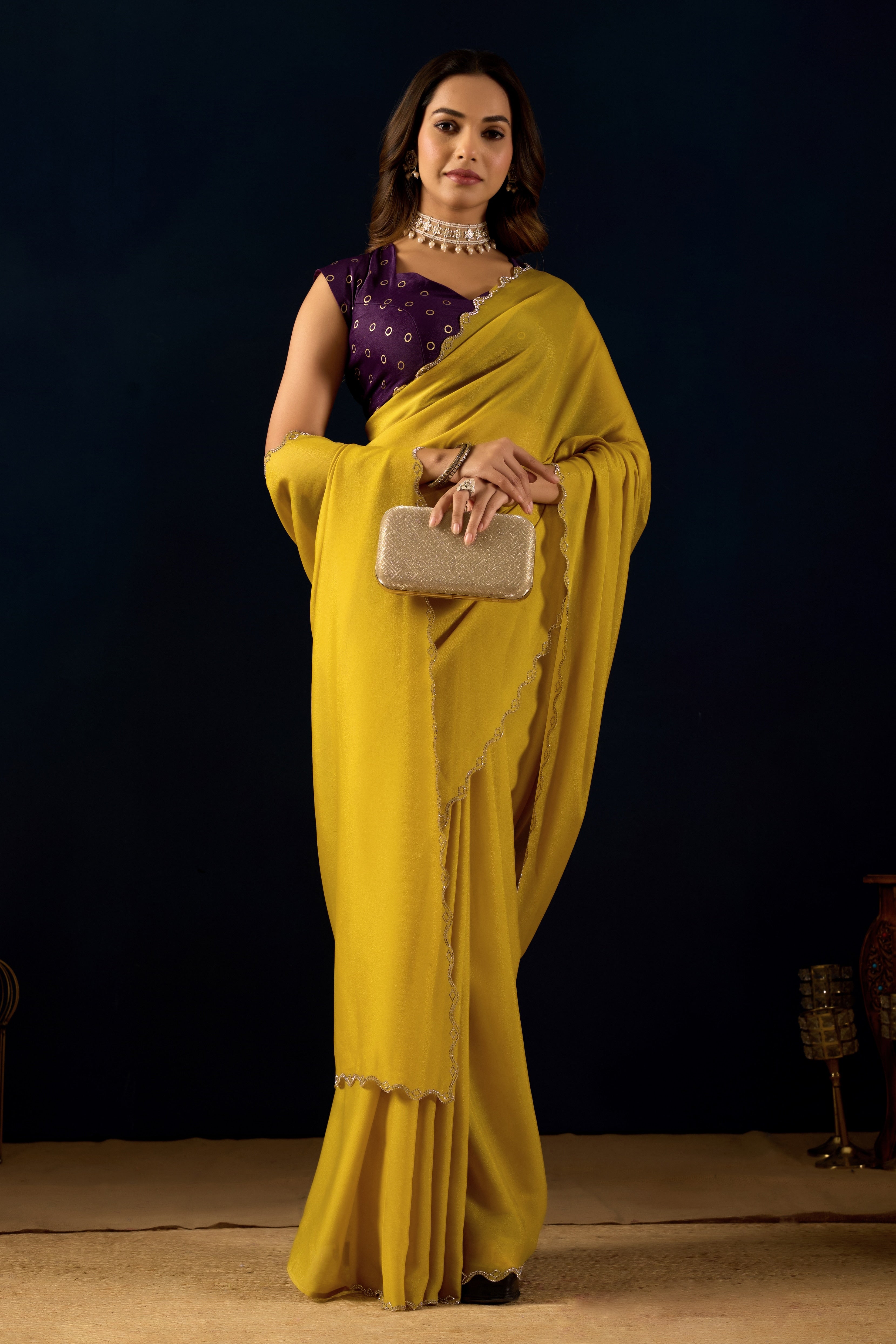 Mustard Georgette Saree with Scalloped Borders .