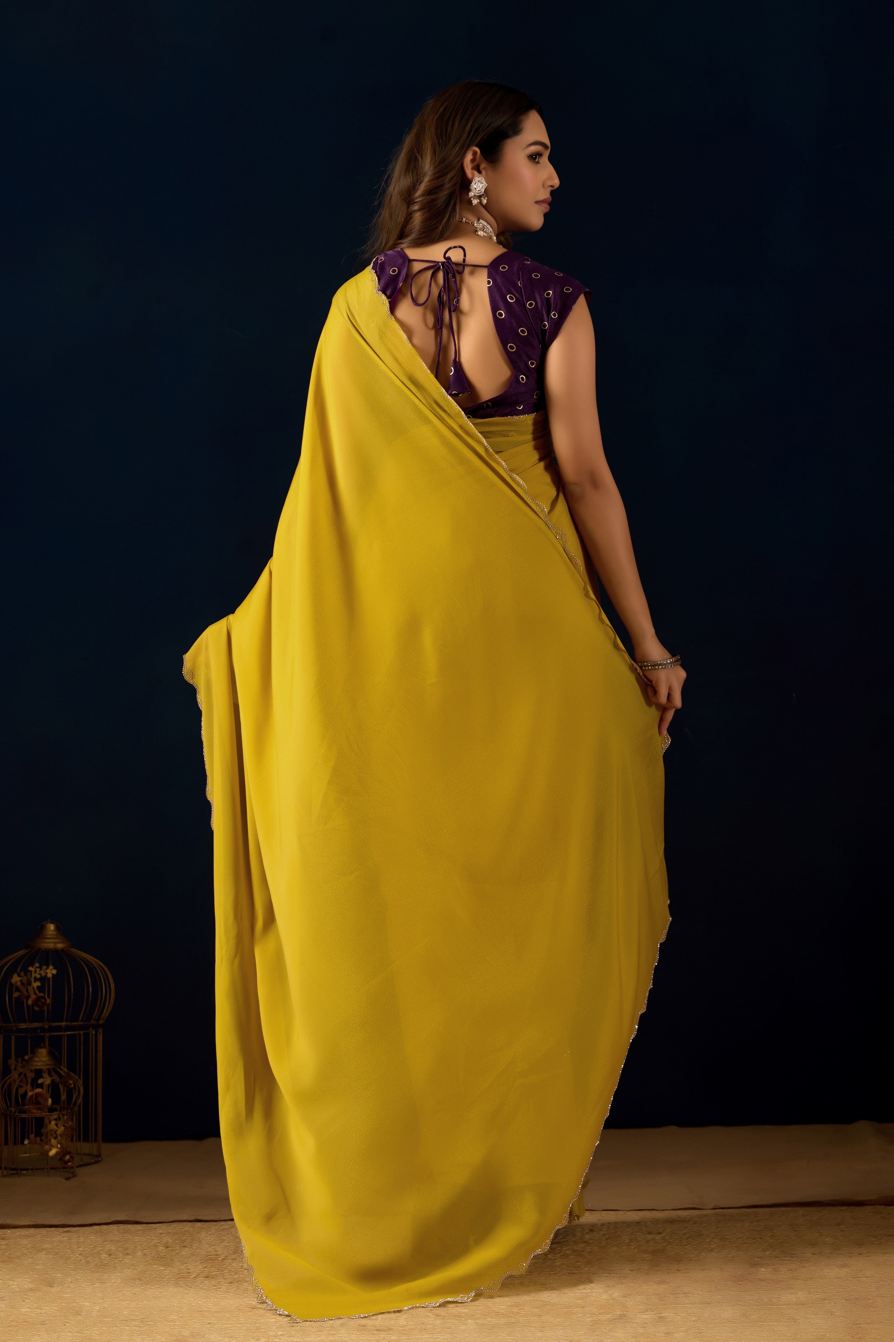 Mustard Georgette Saree with Scalloped Borders .