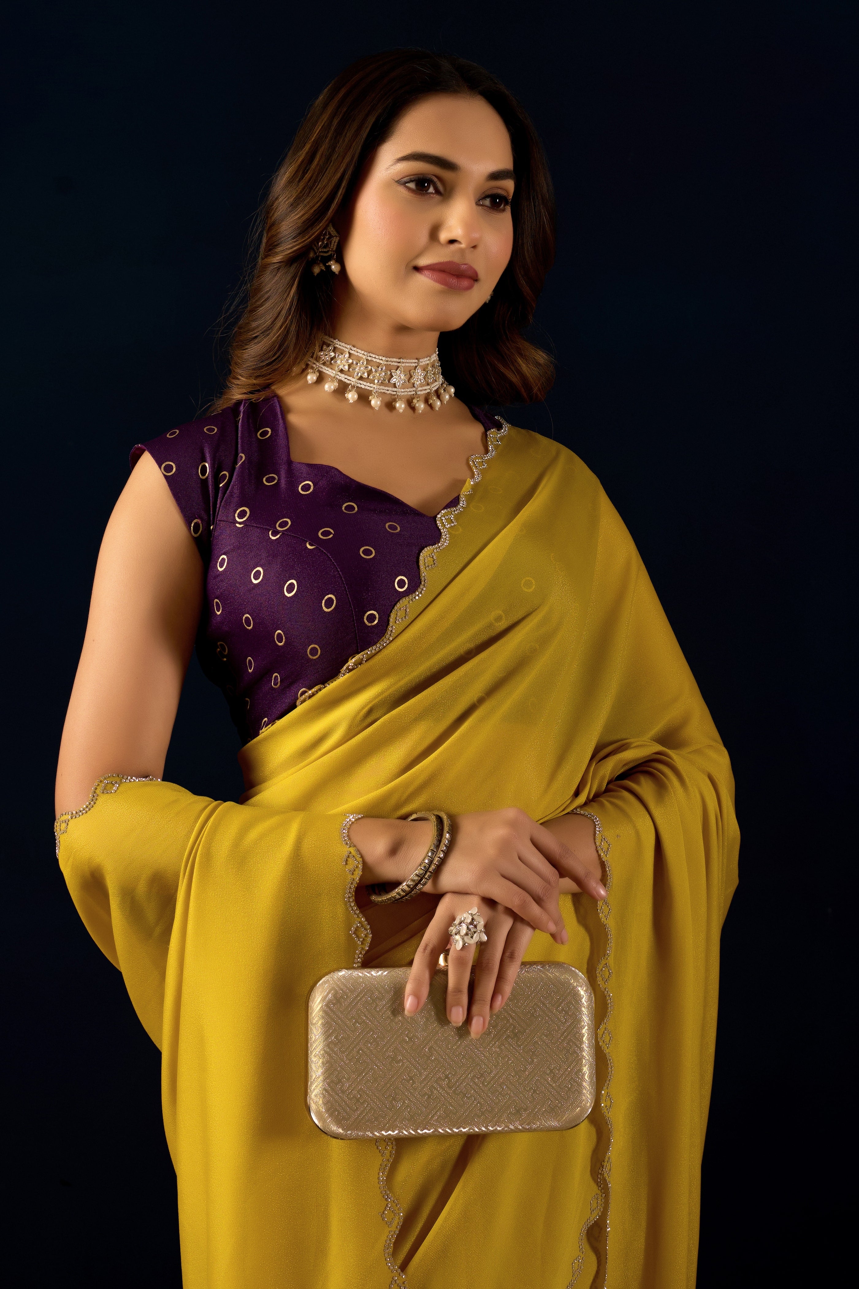 Mustard Georgette Saree with Scalloped Borders .