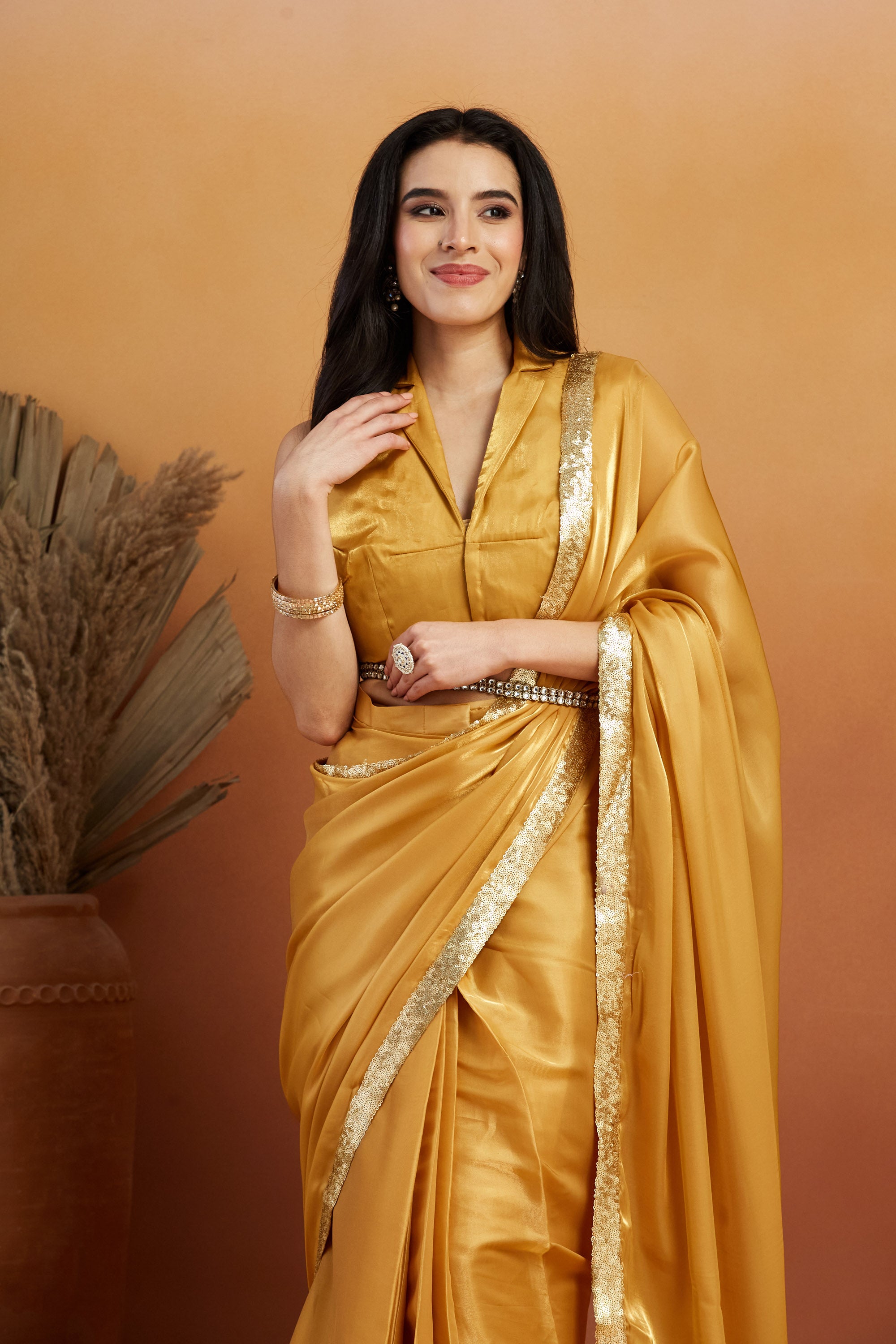 Embellished Glass Lace Work Mustard Satin Velvet Ready to Wear Saree