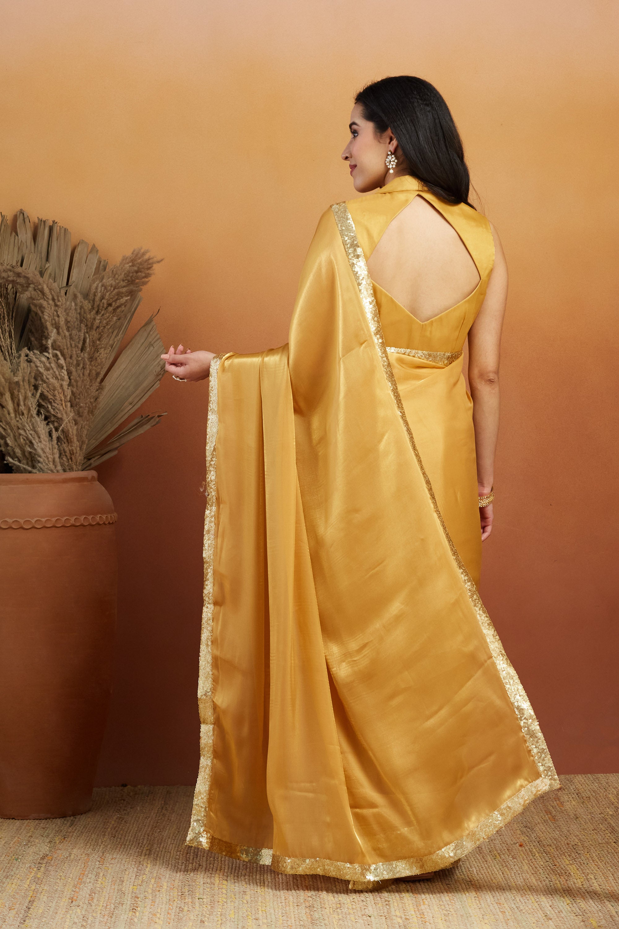 Embellished Glass Lace Work Mustard Satin Velvet Ready to Wear Saree