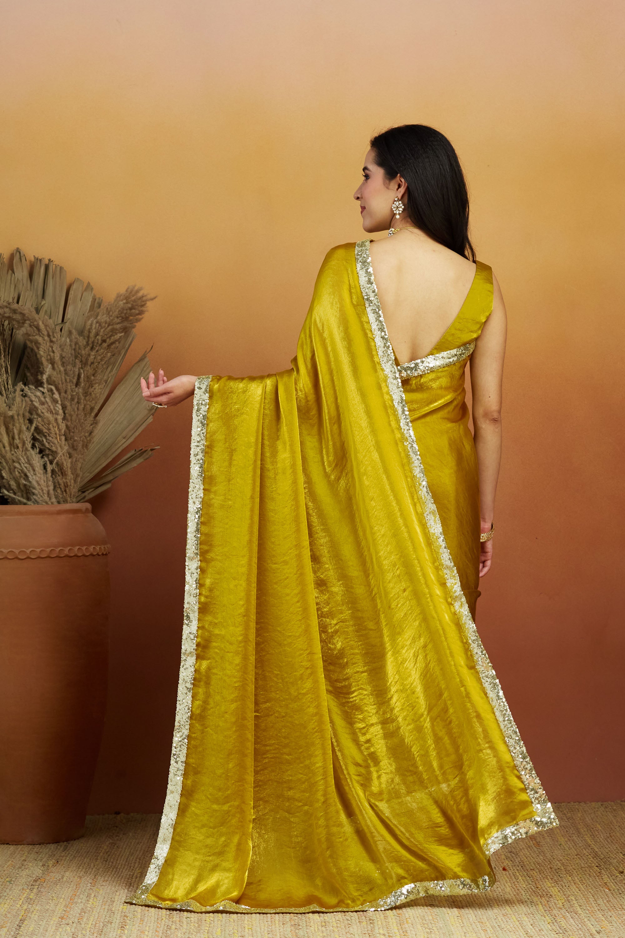 Embellished Glass Lace Work Gold Satin Velvet Saree