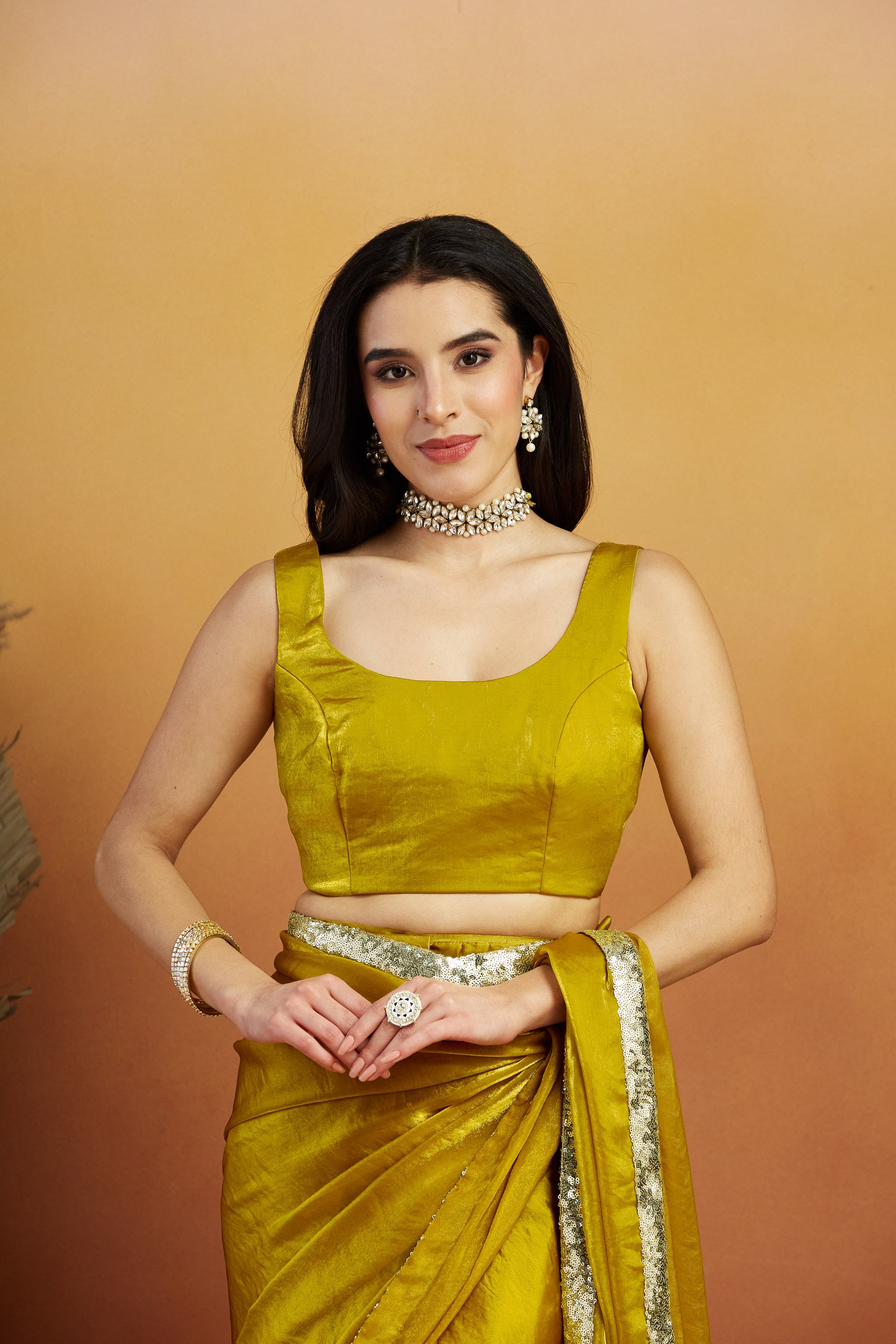 Embellished Glass Lace Work Gold Satin Velvet Saree