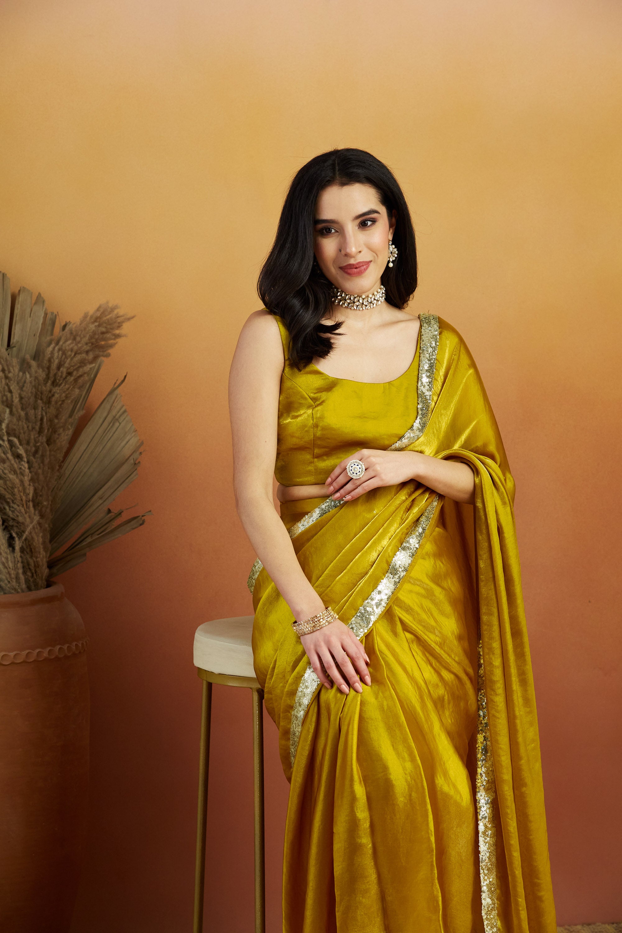 Embellished Glass Lace Work Gold Satin Velvet Saree
