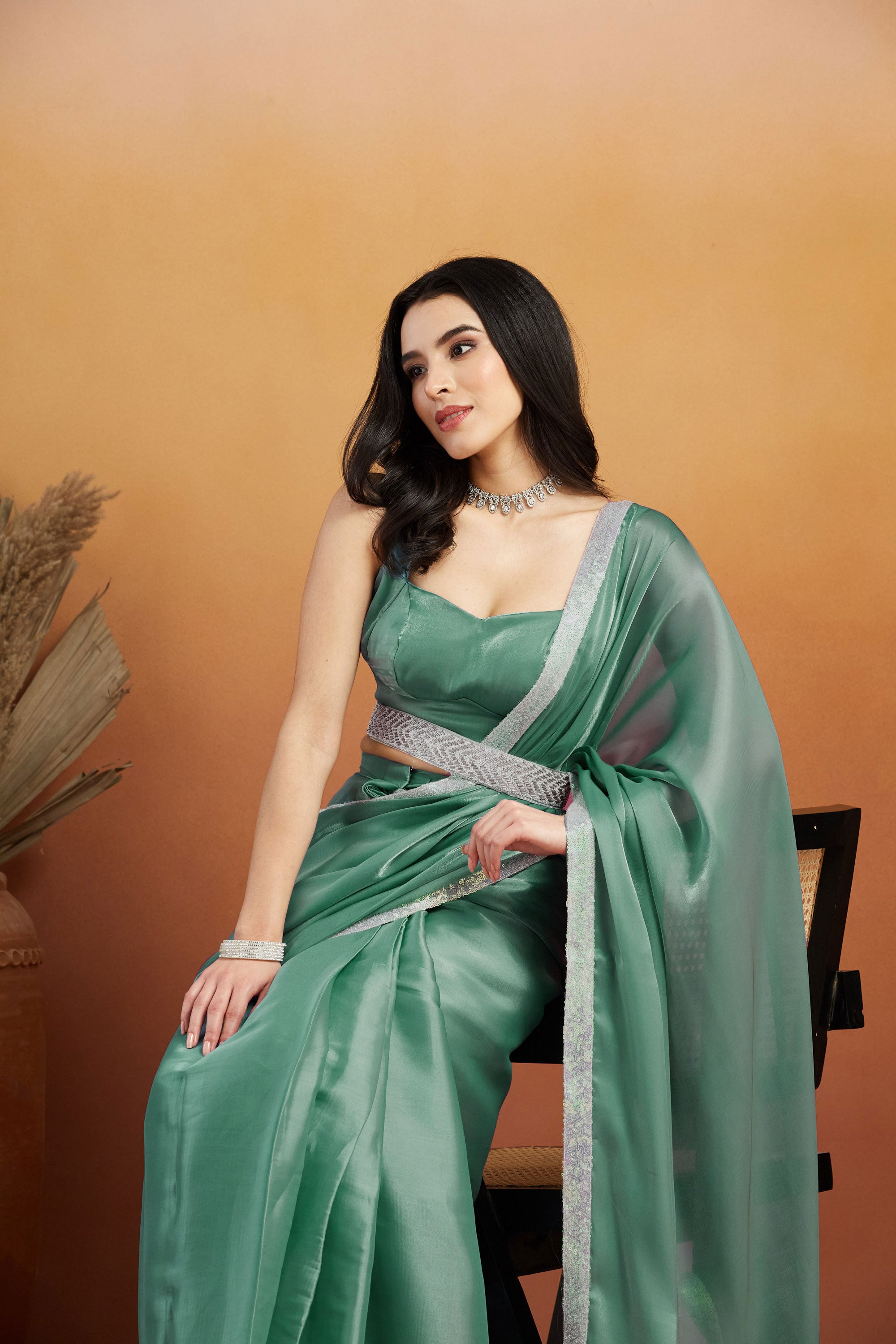 Embellished Glass Lace Work Blue Satin Velvet Ready to Wear Saree