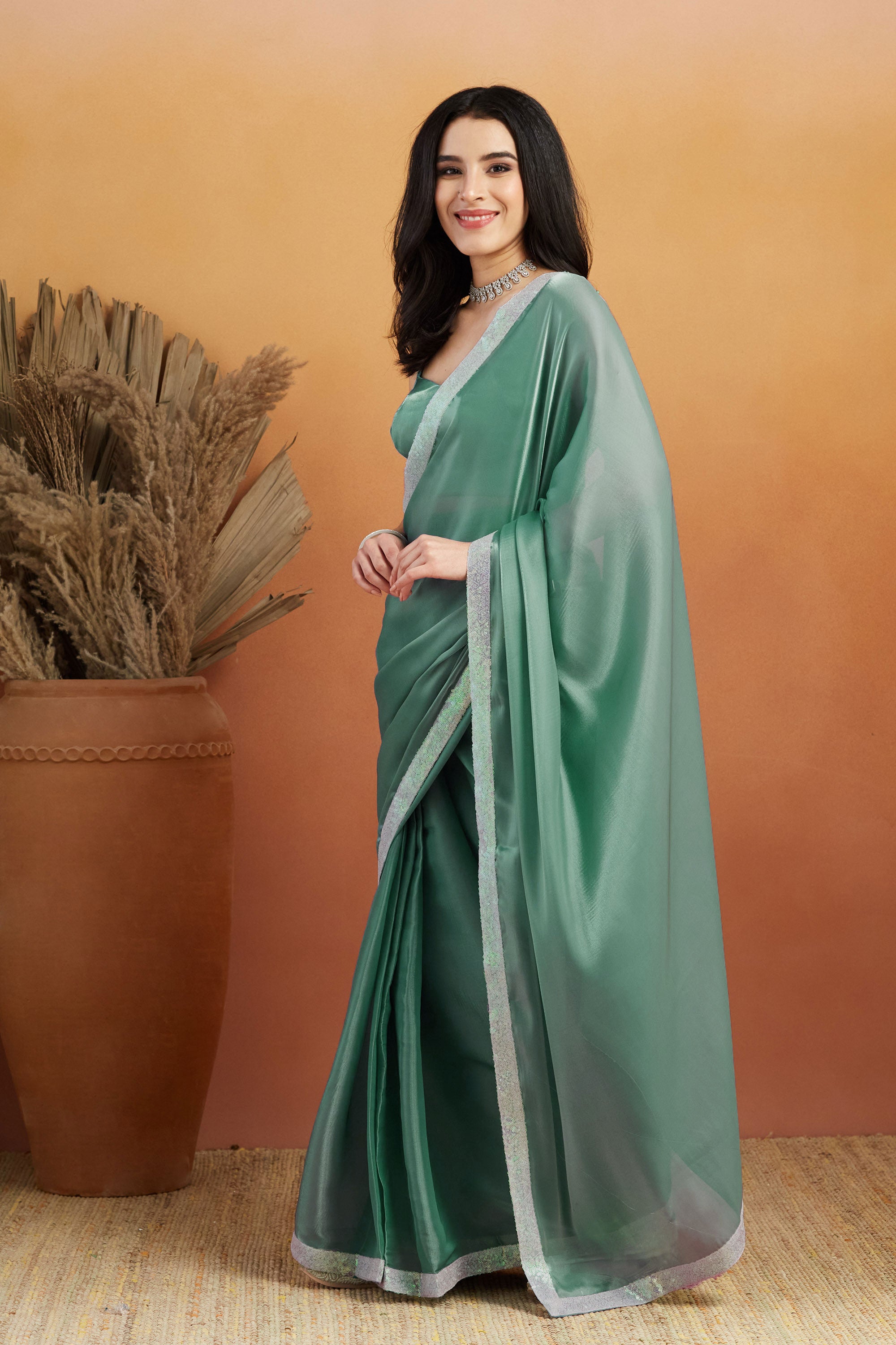 Embellished Glass Lace Work Blue Satin Velvet  Saree