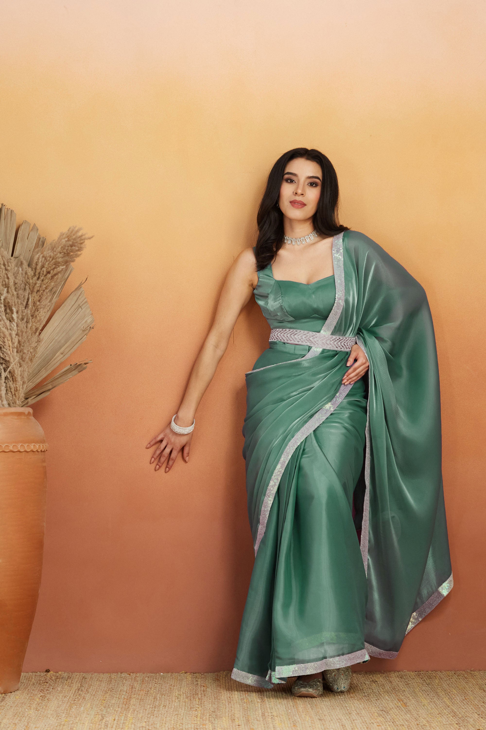 Embellished Glass Lace Work Blue Satin Velvet Ready to Wear Saree