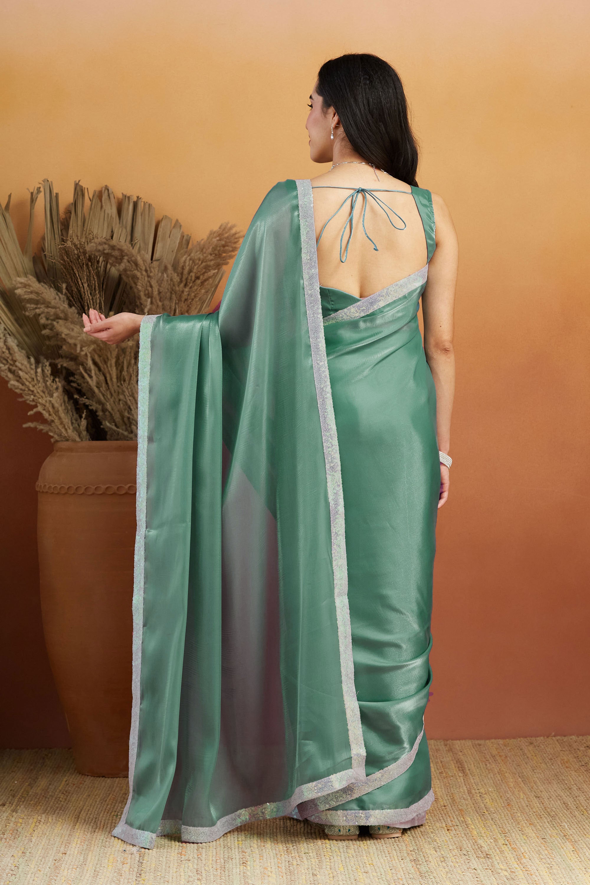 Embellished Glass Lace Work Blue Satin Velvet Ready to Wear Saree