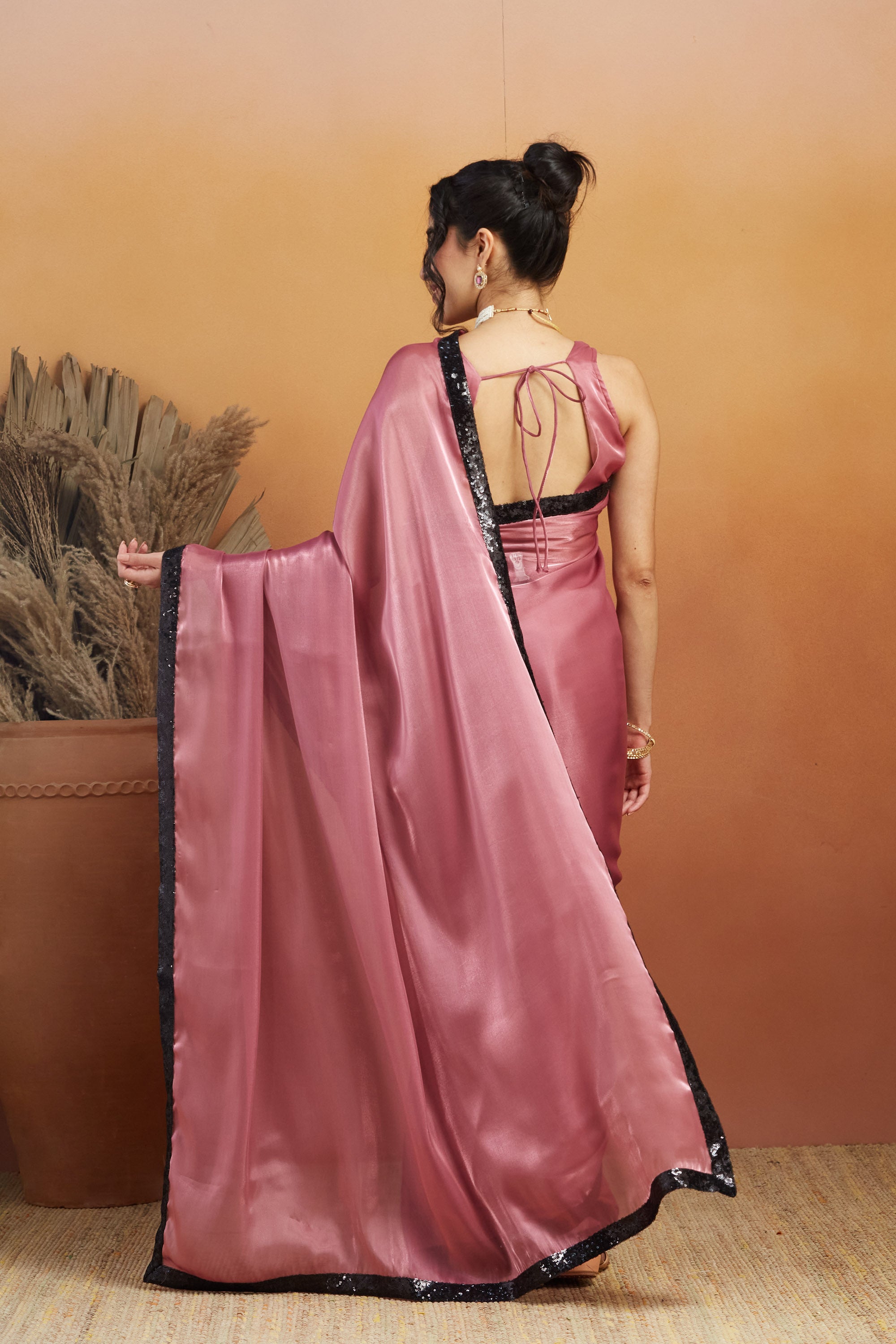 Embellished Glass Lace Work Pink Satin Velvet  Saree
