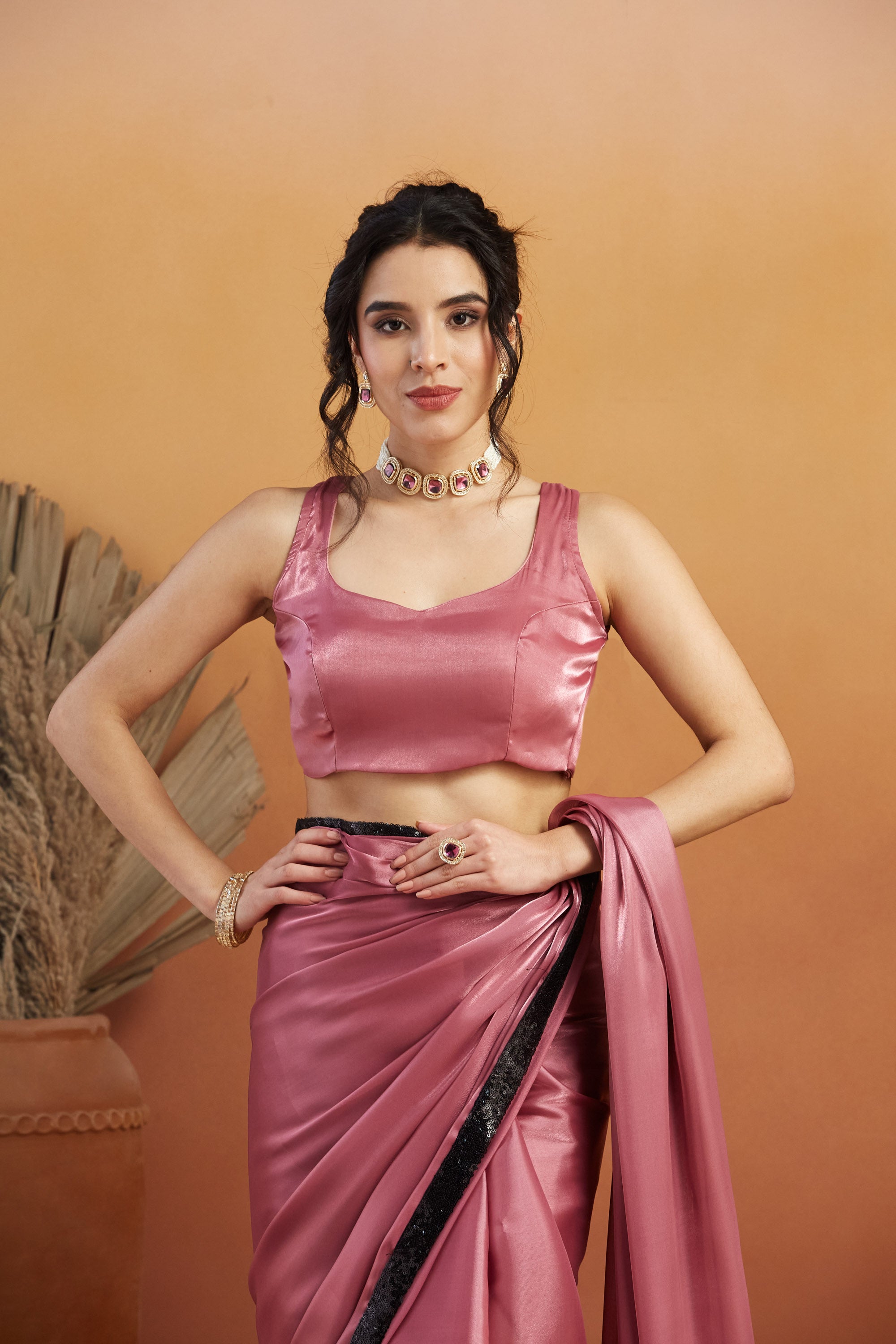 Embellished Glass Lace Work Pink Satin Velvet  Saree