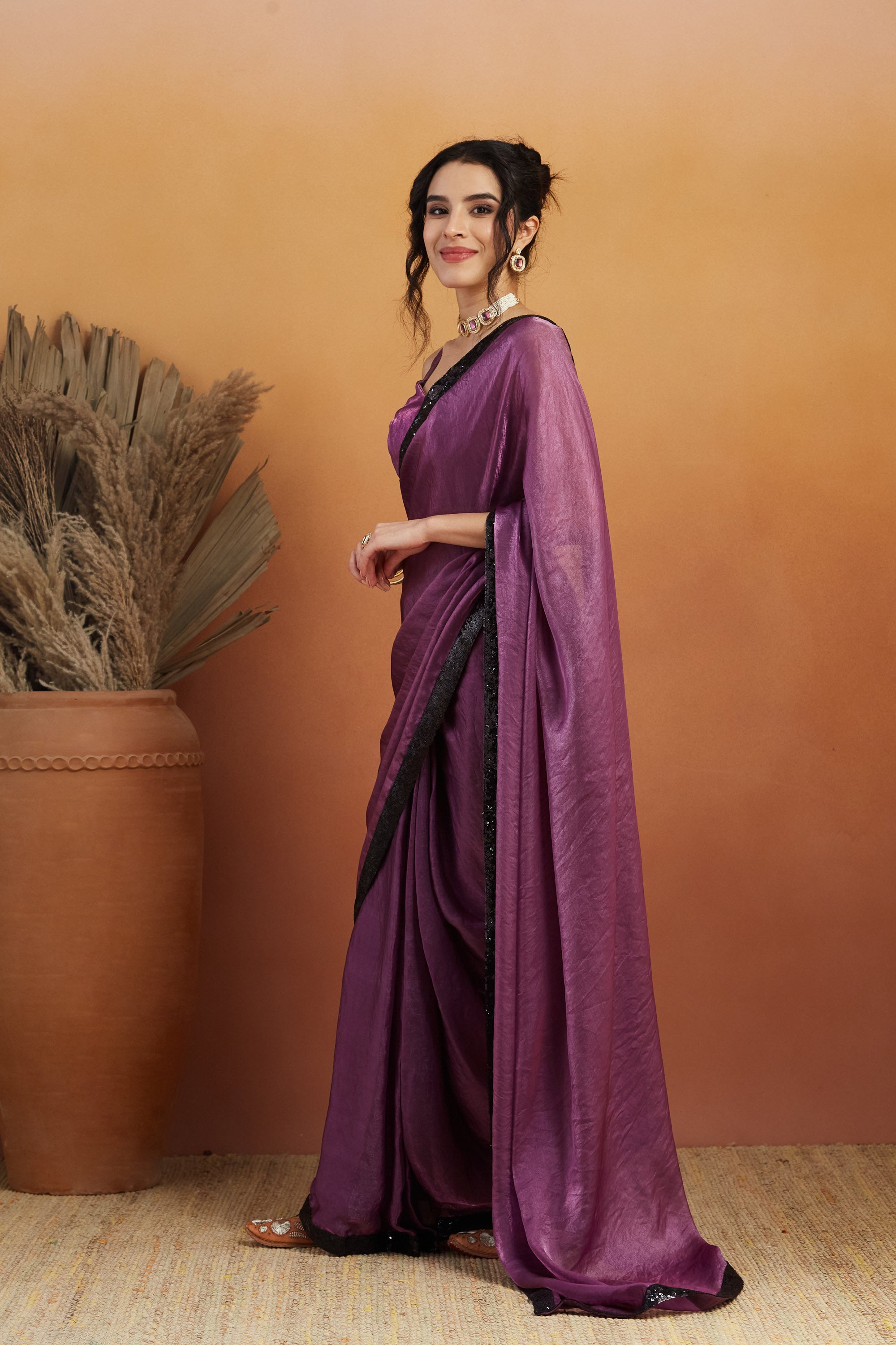 Embellished Glass Lace Work Purple Satin Velvet  Saree