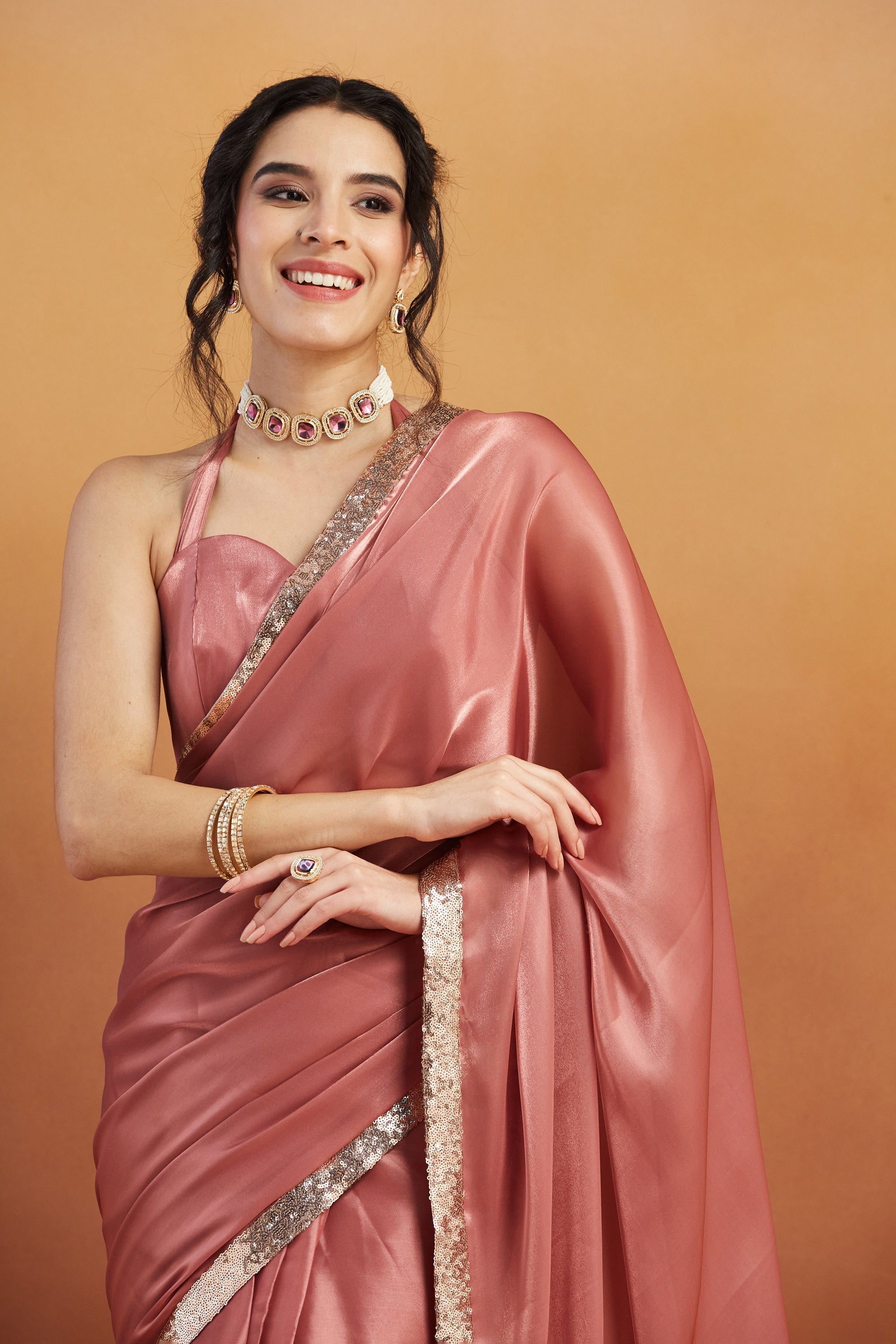 Embellished Glass Lace Work Dusty Pink Satin Velvet Ready to Wear Saree