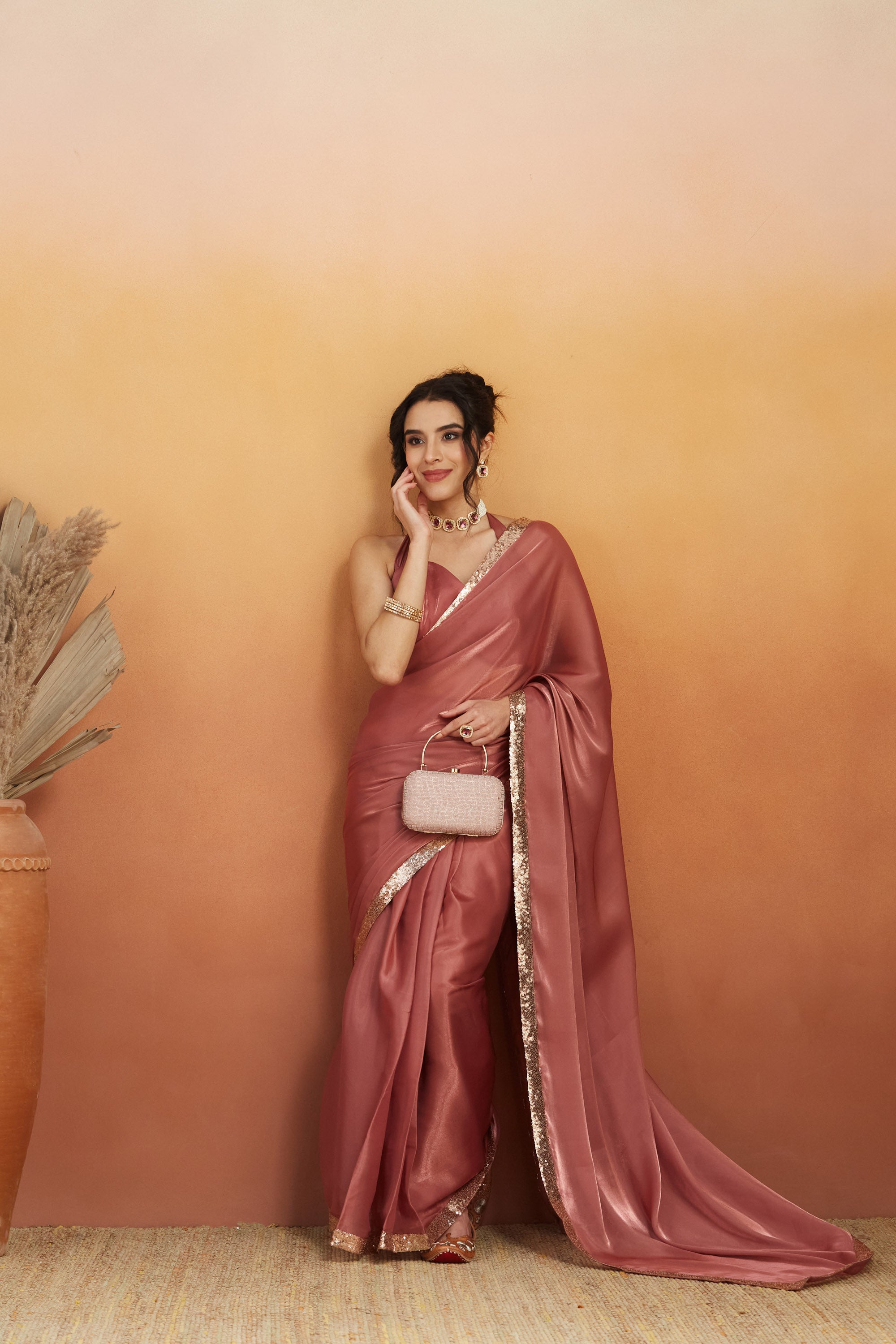 Embellished Glass Lace Work Dusty Pink Satin Velvet Ready to Wear Saree