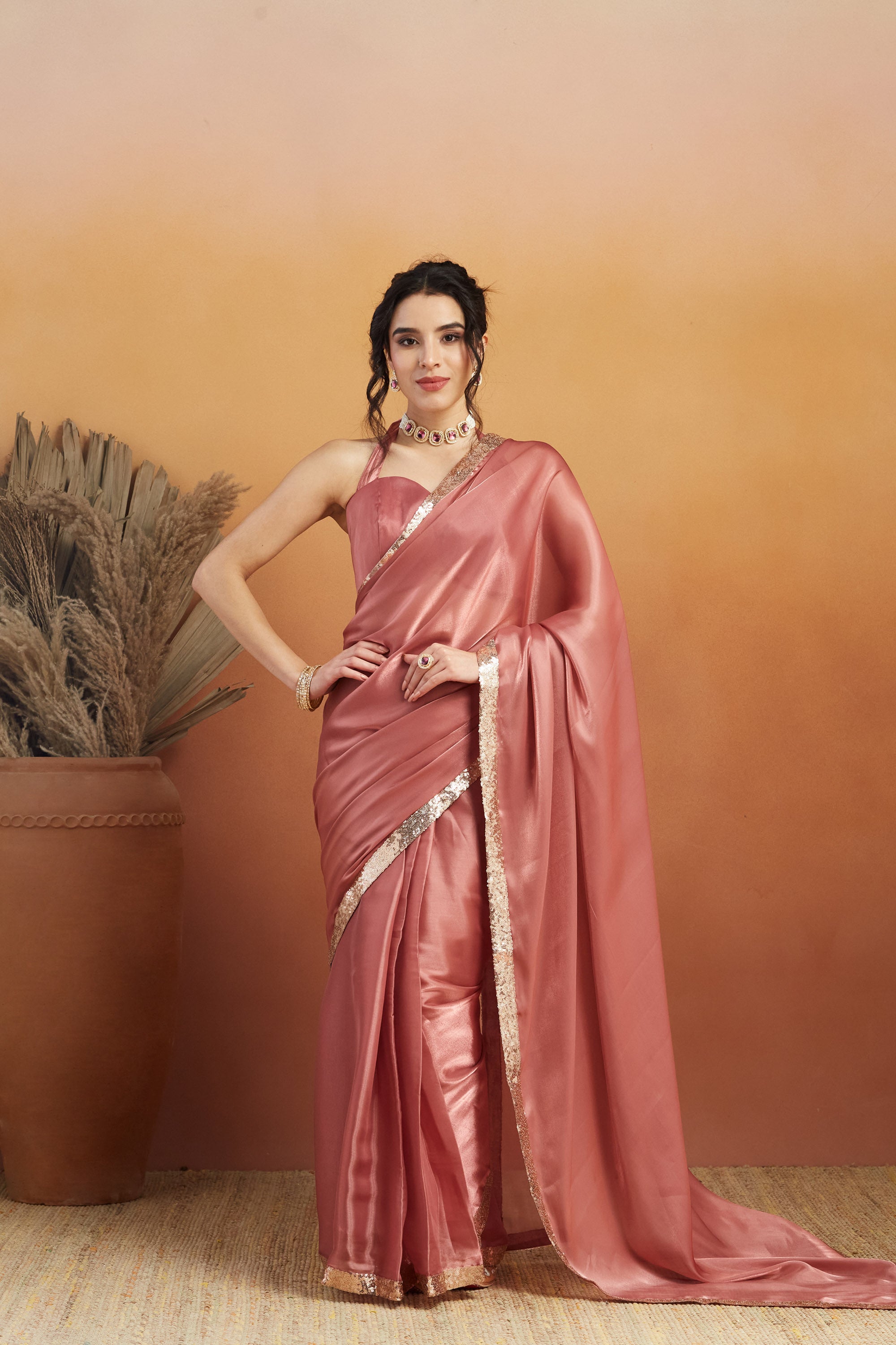 Embellished Glass Lace Work Dusty Pink Satin Velvet  Saree