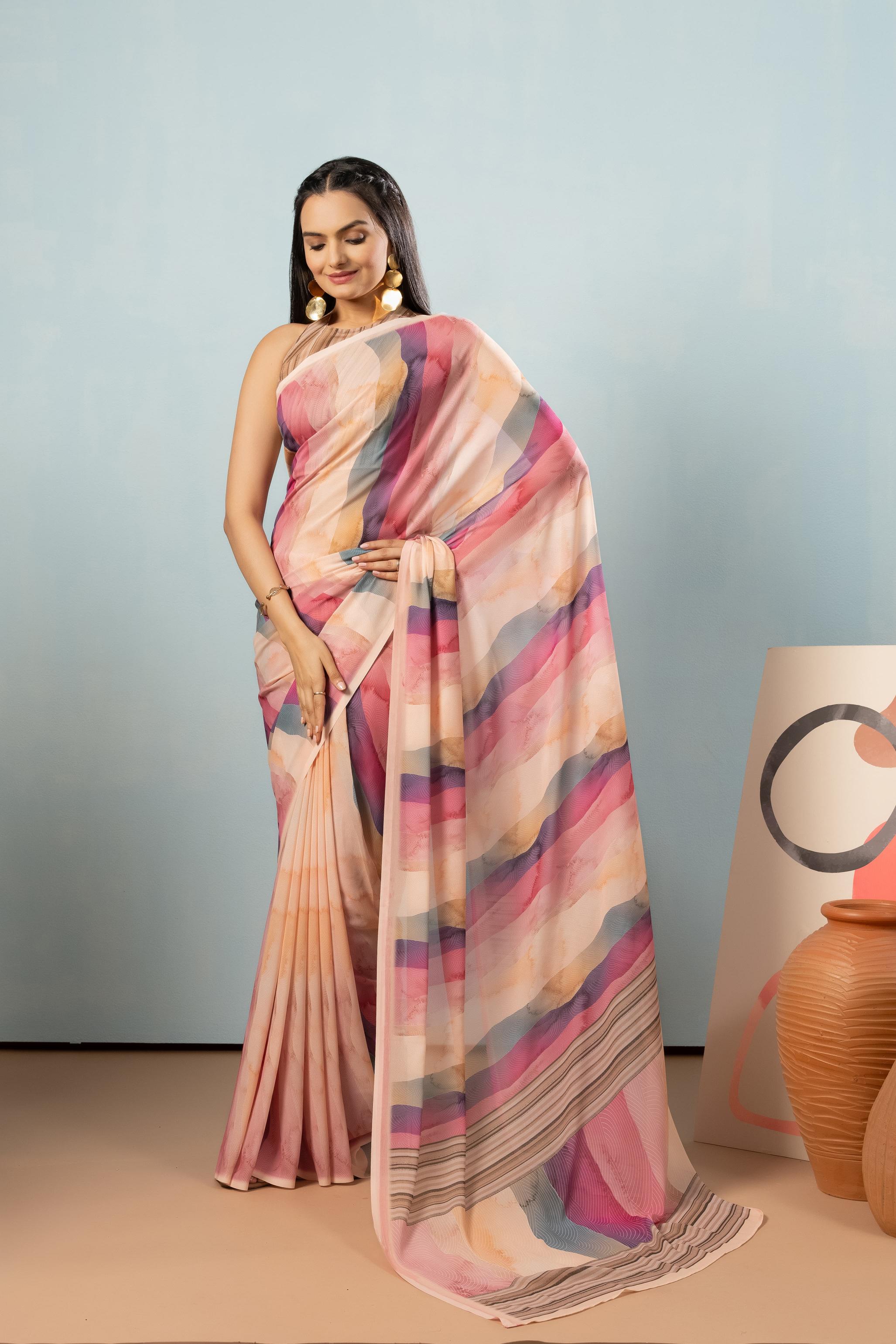 Rainbow Digital Printed Georgette ready to wear Saree