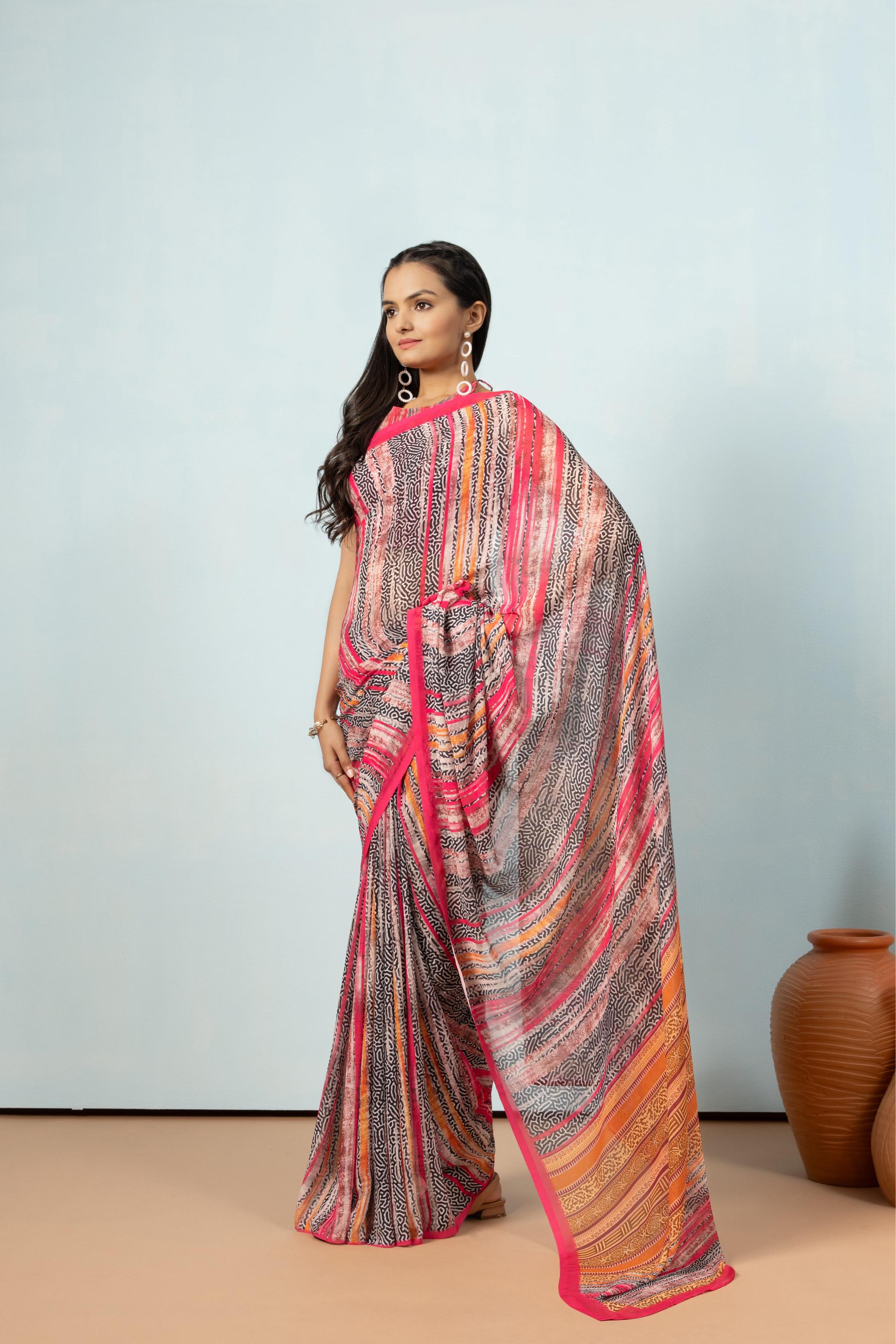 Striped Digital Printed Georgette Ready to wear Saree